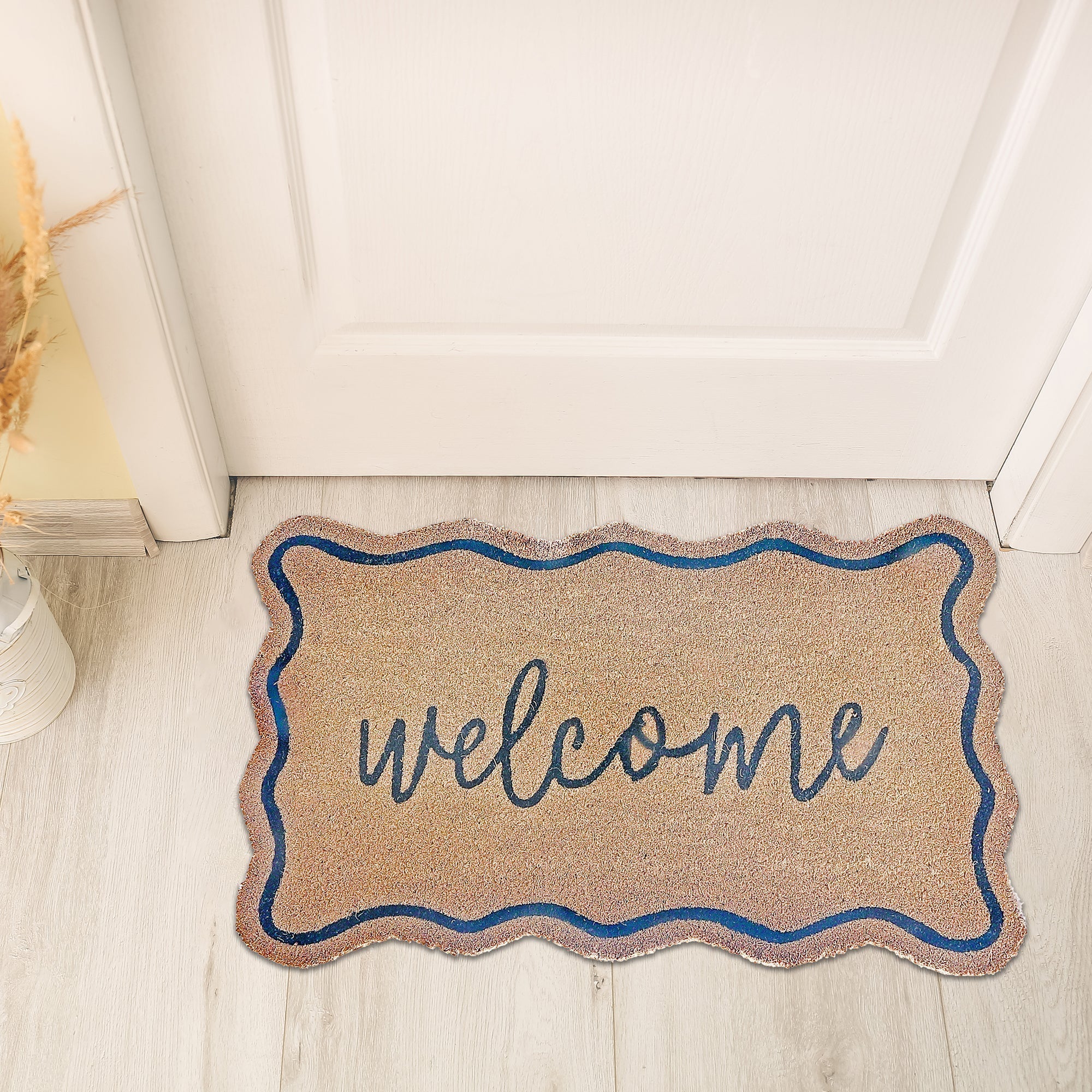 Scallop Shape Coir Door Mat Welcome, Scalloped Welcome Door Mat, Natural Coir Entry Rug, Decorative Front Porch Mat, Durable Outdoor Doormat