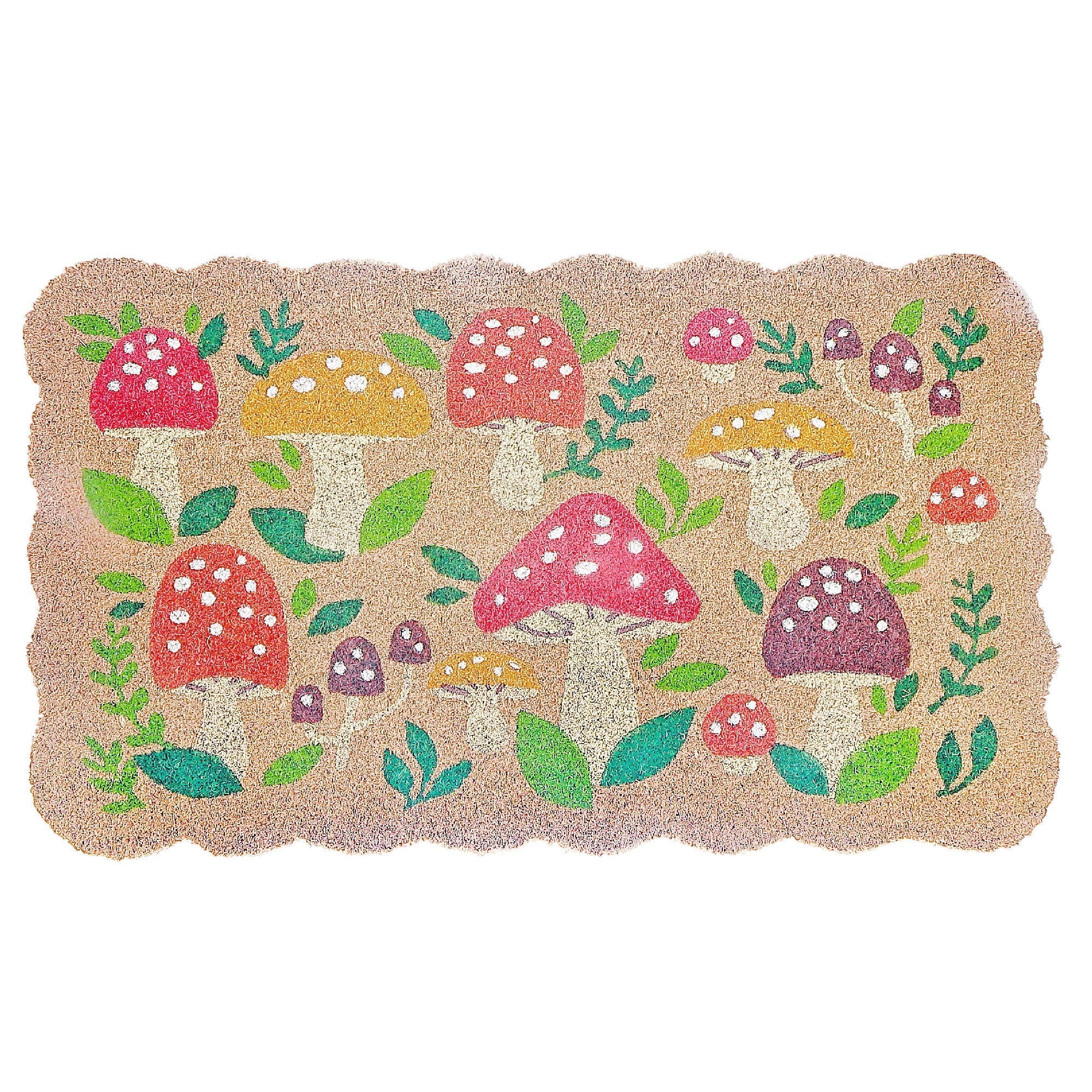 Scallop Shape Coir Door Mat Welcome Mushroom, Scalloped Edge Welcome Mat, Mushroom Design Coir Rug, Natural Fiber Entryway Mat, Outdoor Porch Decor