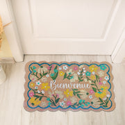 Scallop Shape Flowers Coir Door Mat Bienvenue, Natural Coconut Fiber Entryway Mat, Floral Front Door Decor
