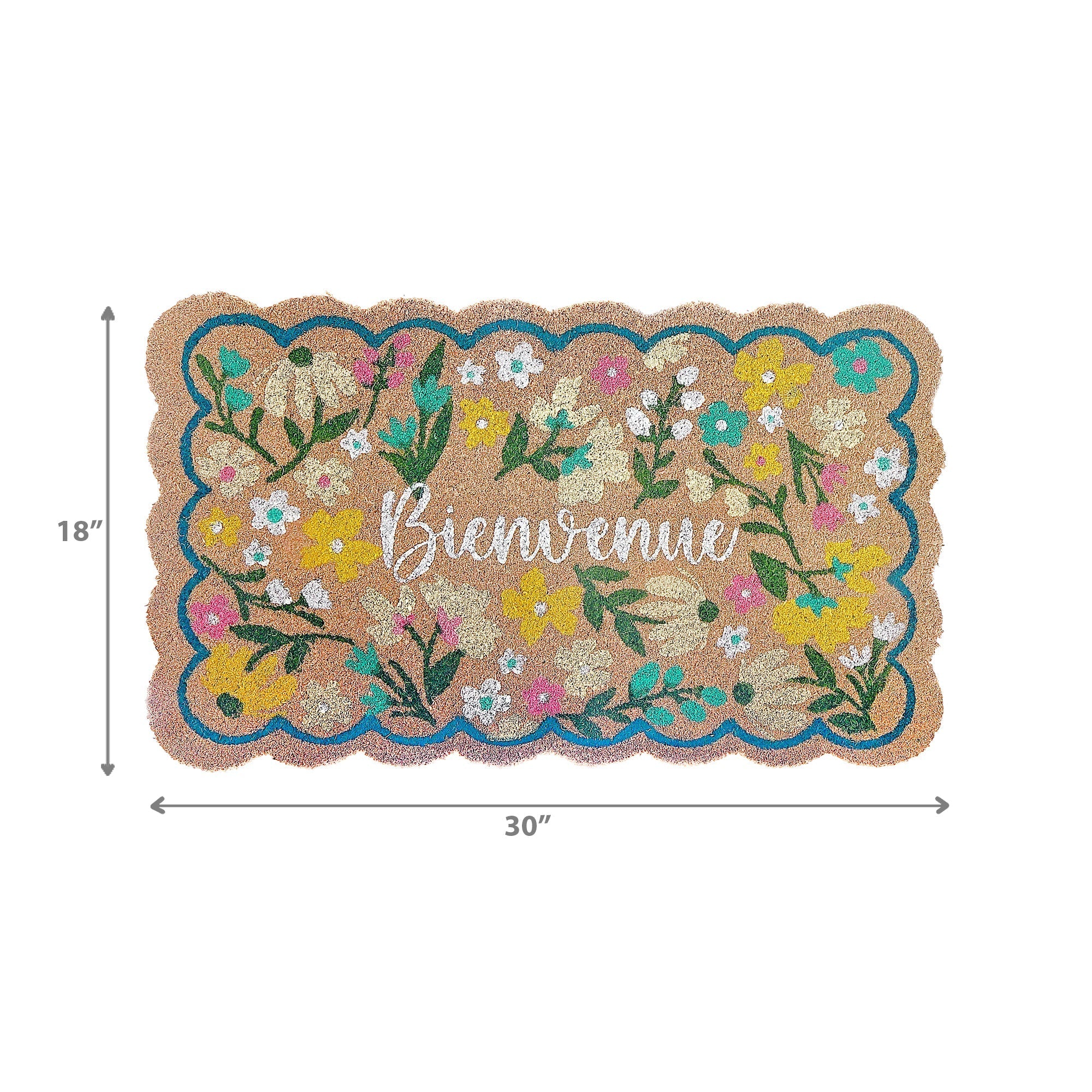 Scallop Shape Flowers Coir Door Mat Bienvenue, Natural Coconut Fiber Entryway Mat, Floral Front Door Decor