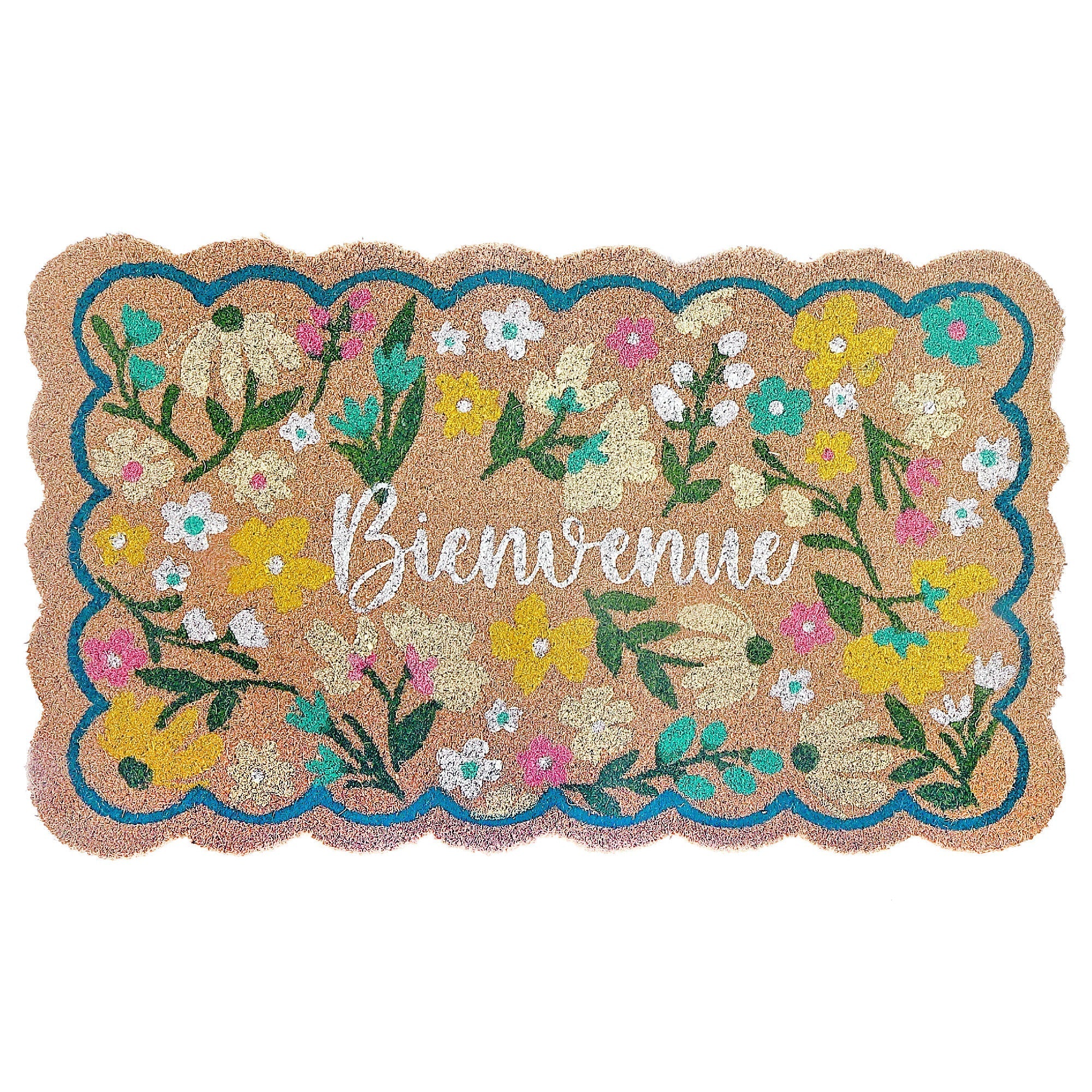 Scallop Shape Flowers Coir Door Mat Bienvenue, Natural Coconut Fiber Entryway Mat, Floral Front Door Decor