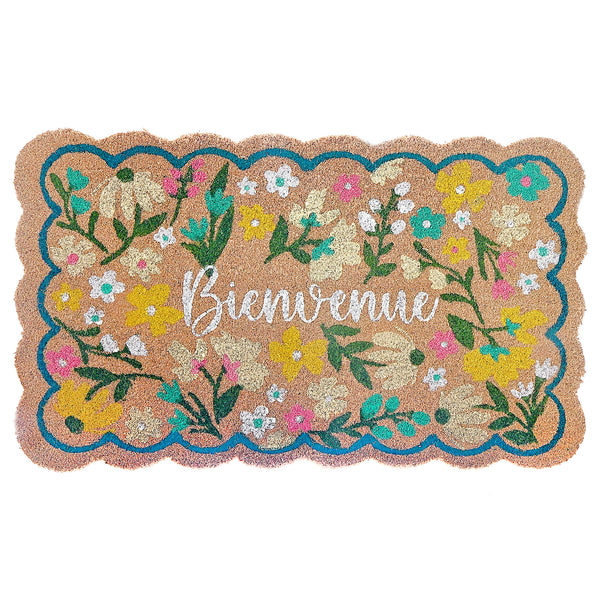 Scallop Shape Flowers Coir Door Mat Bienvenue