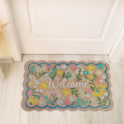 Scallop Shape Flowers Coir Door Mat Welcome, Natural Coconut Fiber Entry Mat, Floral Outdoor Decor