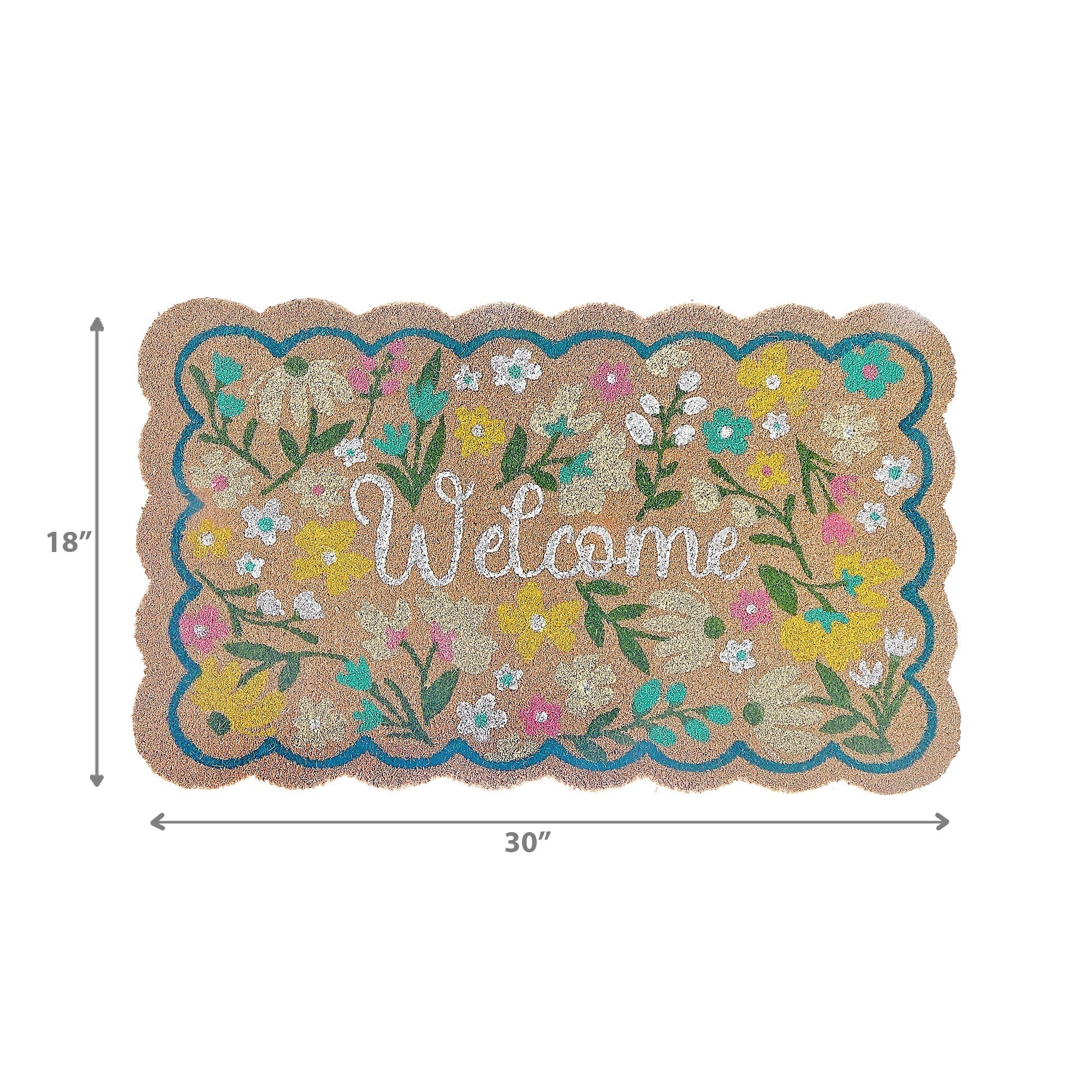 Scallop Shape Flowers Coir Door Mat Welcome, Natural Coconut Fiber Entry Mat, Floral Outdoor Decor