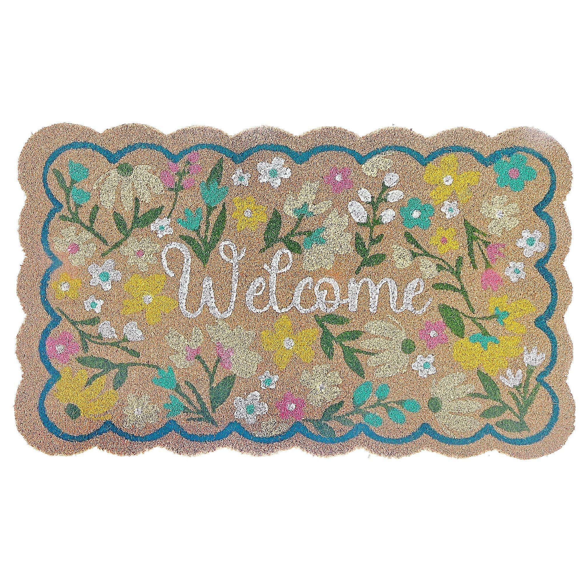 Scallop Shape Flowers Coir Door Mat Welcome, Natural Coconut Fiber Entry Mat, Floral Outdoor Decor