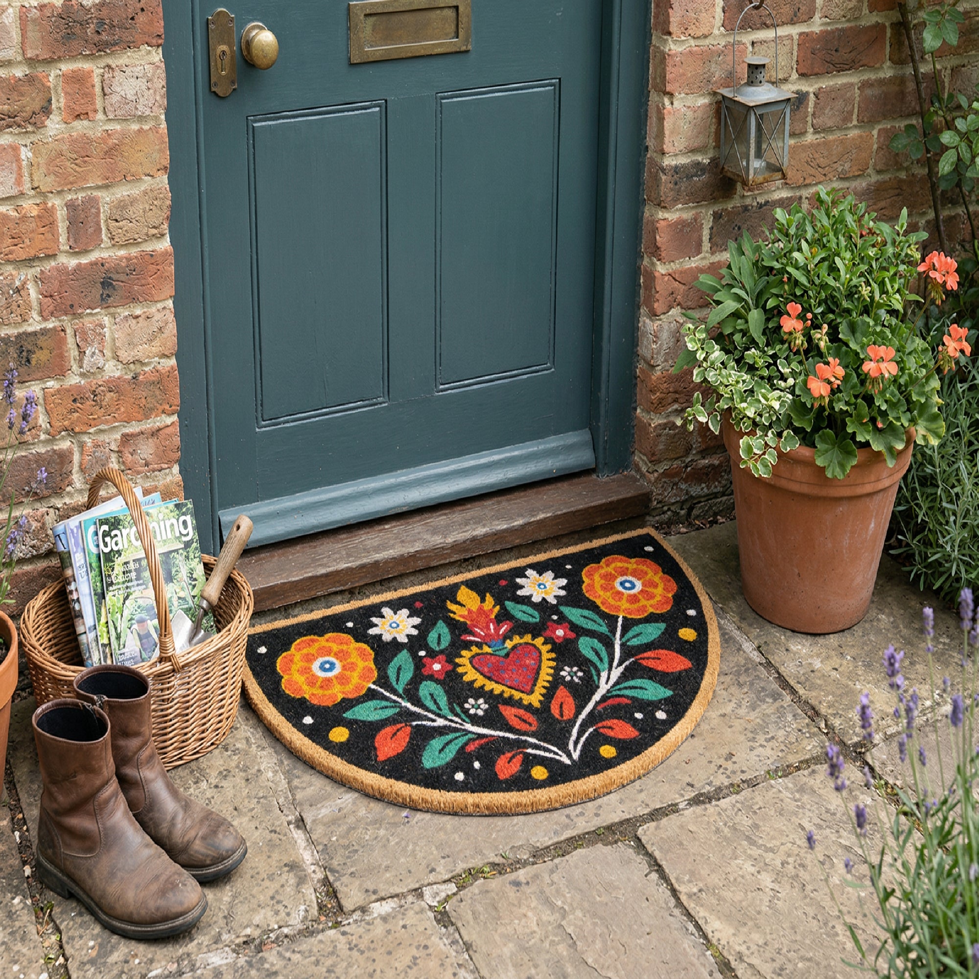Semicircle Shape Floral Coir Door Mat