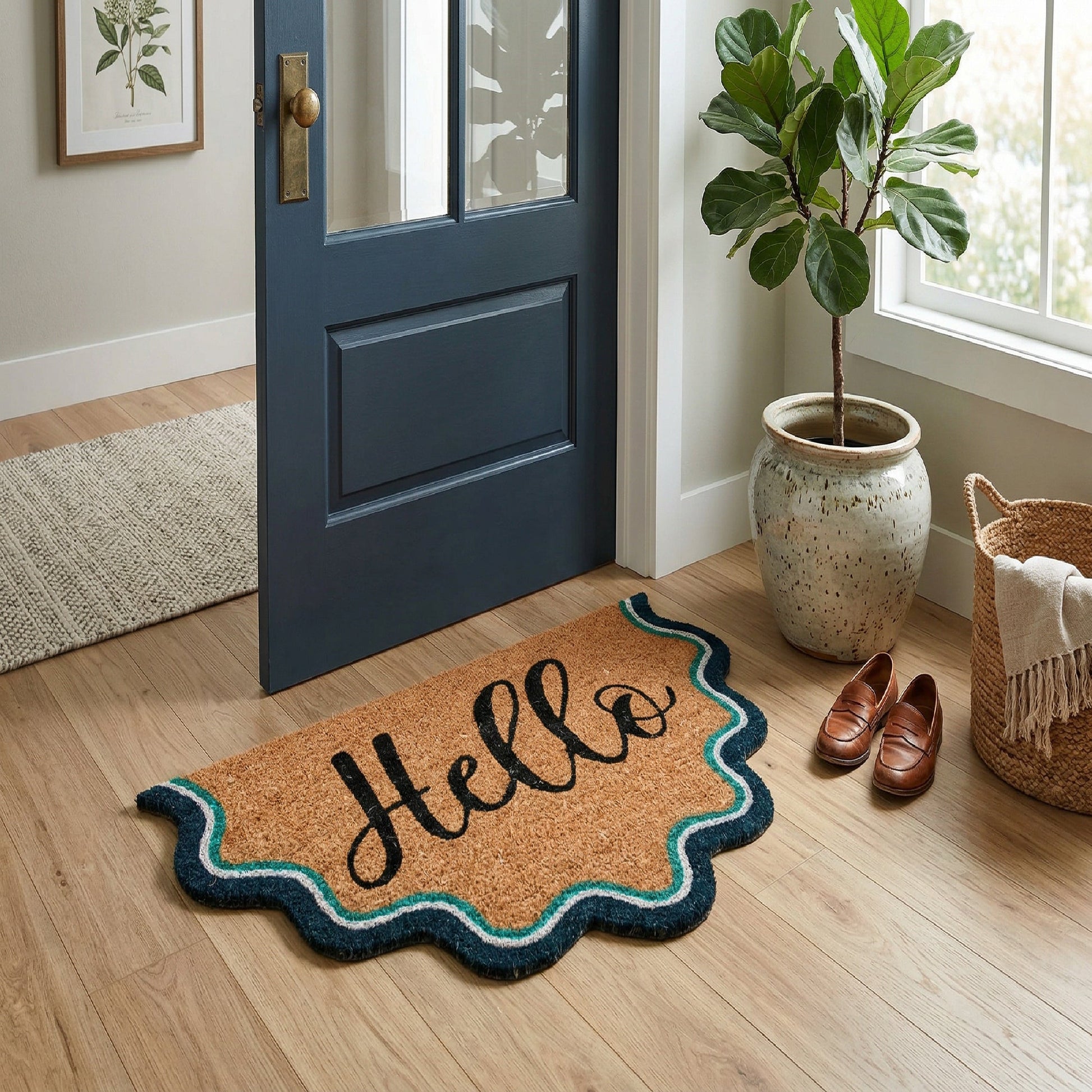 Wavy Shape Coir Door Mat "Hello"