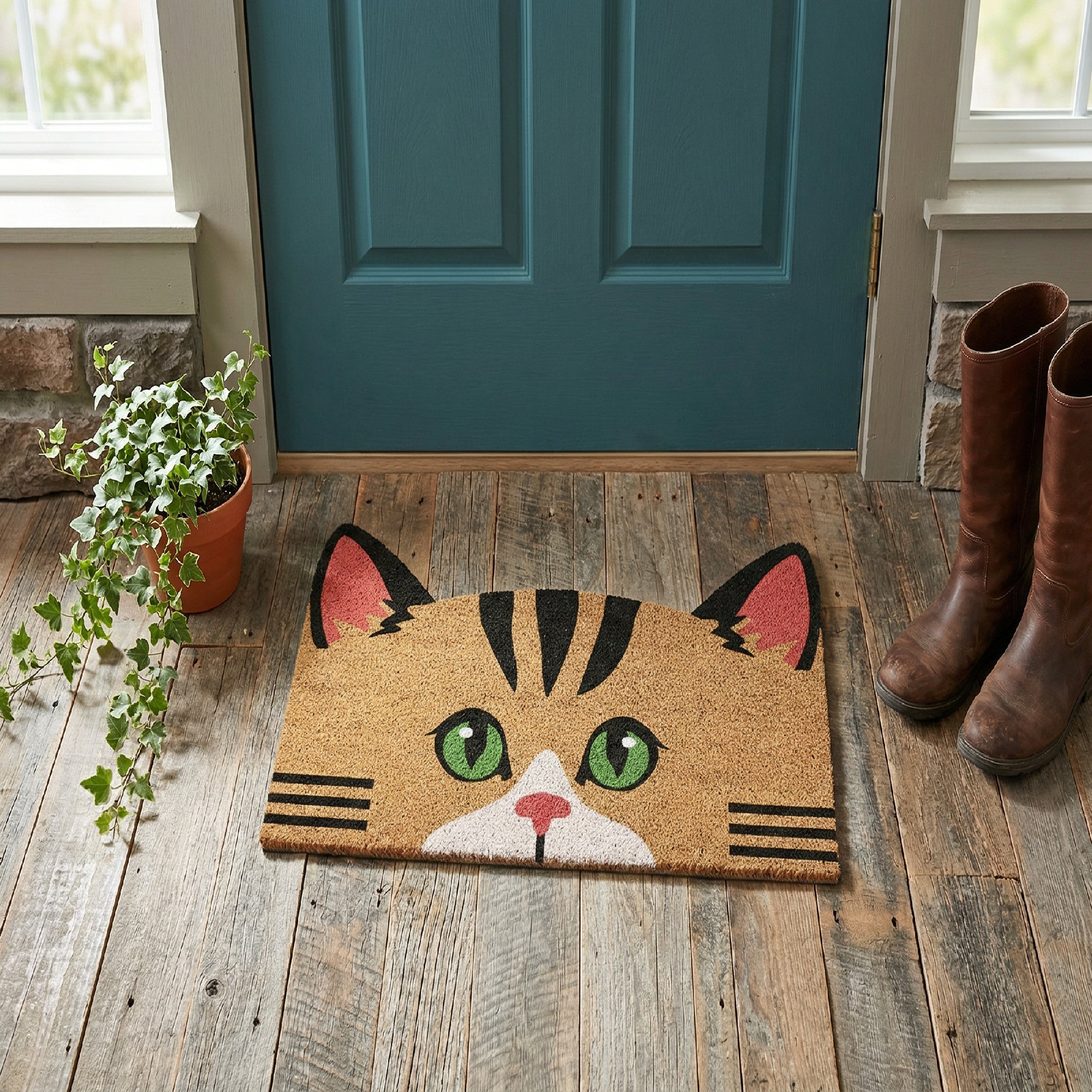 Shape Coir Door Mat with Striped Cat Design