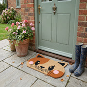 Shape Coir Door Mat with Blushing Cat Design