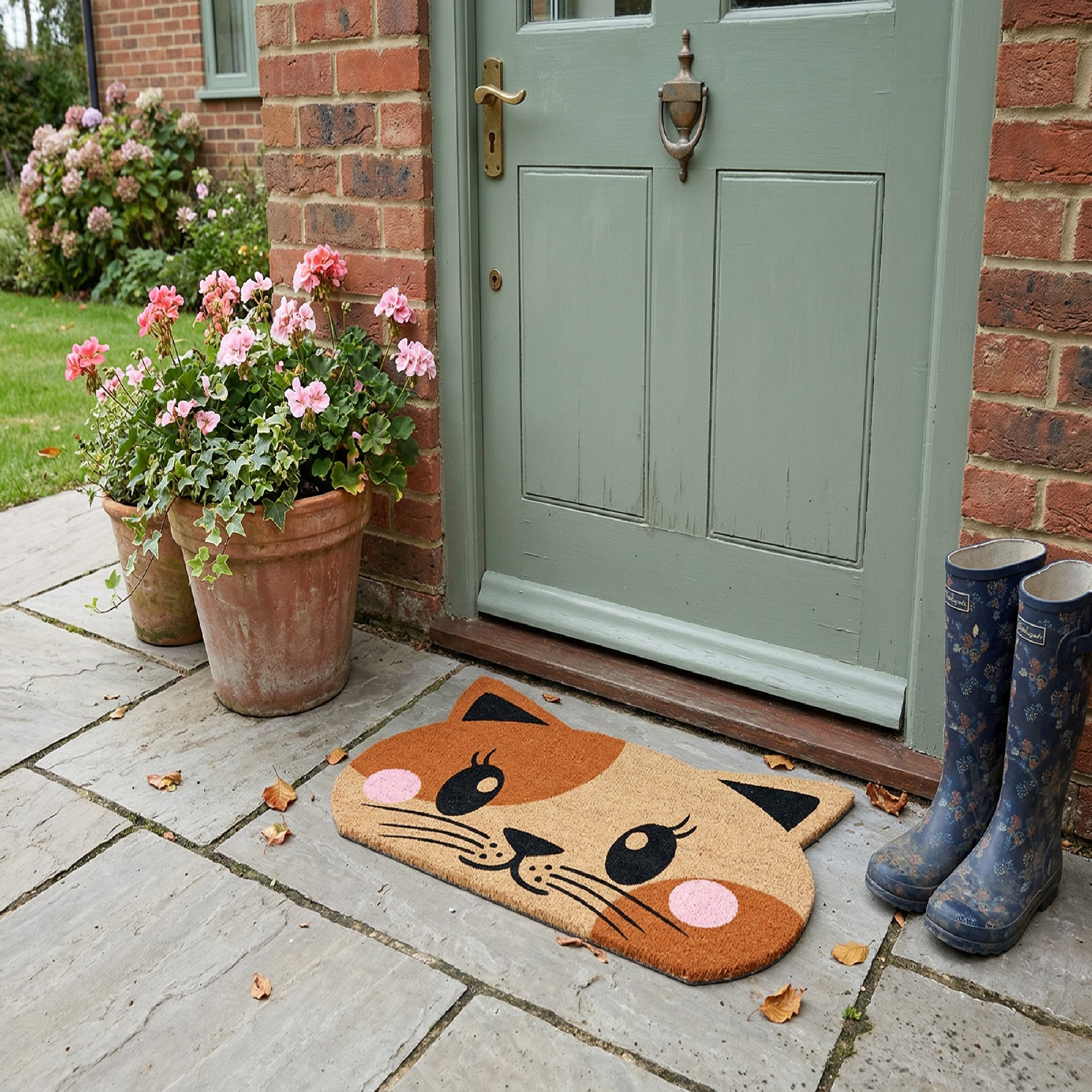 Shape Coir Door Mat with Blushing Cat Design