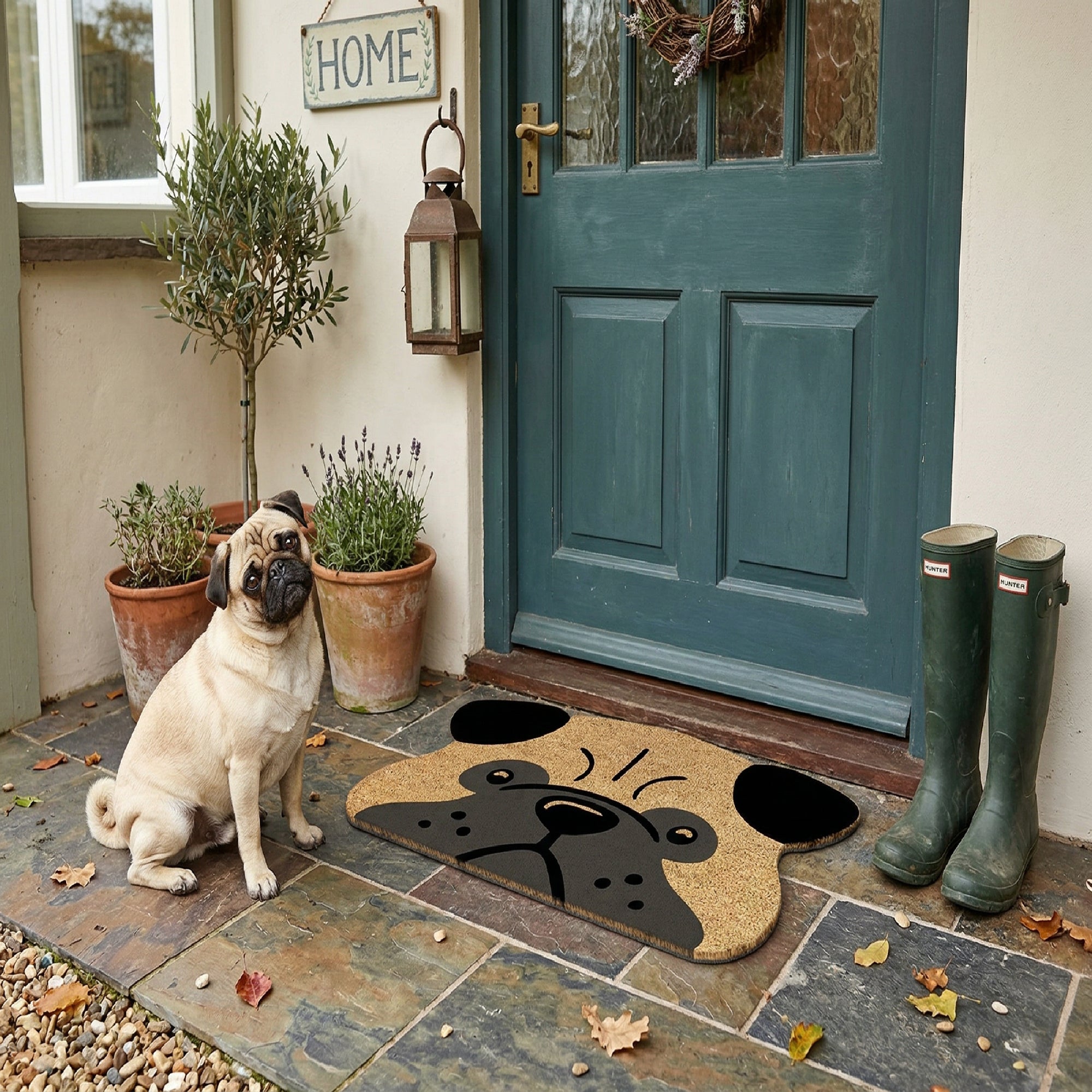 Shape Coir Door Mat with Pug Dog Design