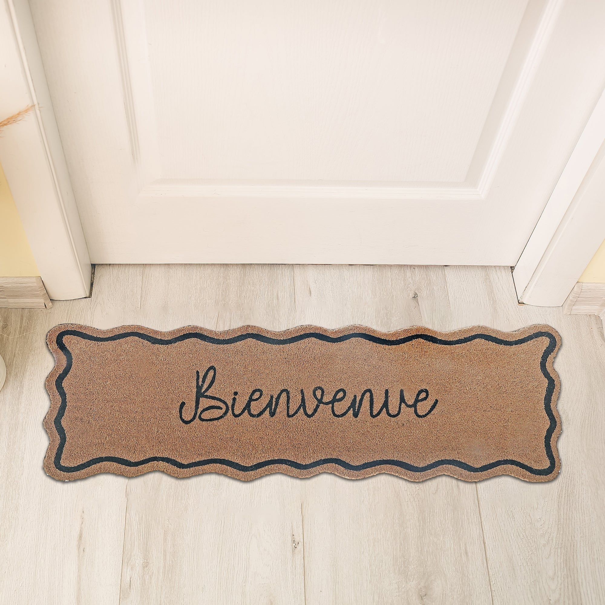 Scallop Shape Coir Door Mat Bienvenue 16 x 48, Natural Coconut Fiber Entryway Mat, Outdoor Welcome Rug