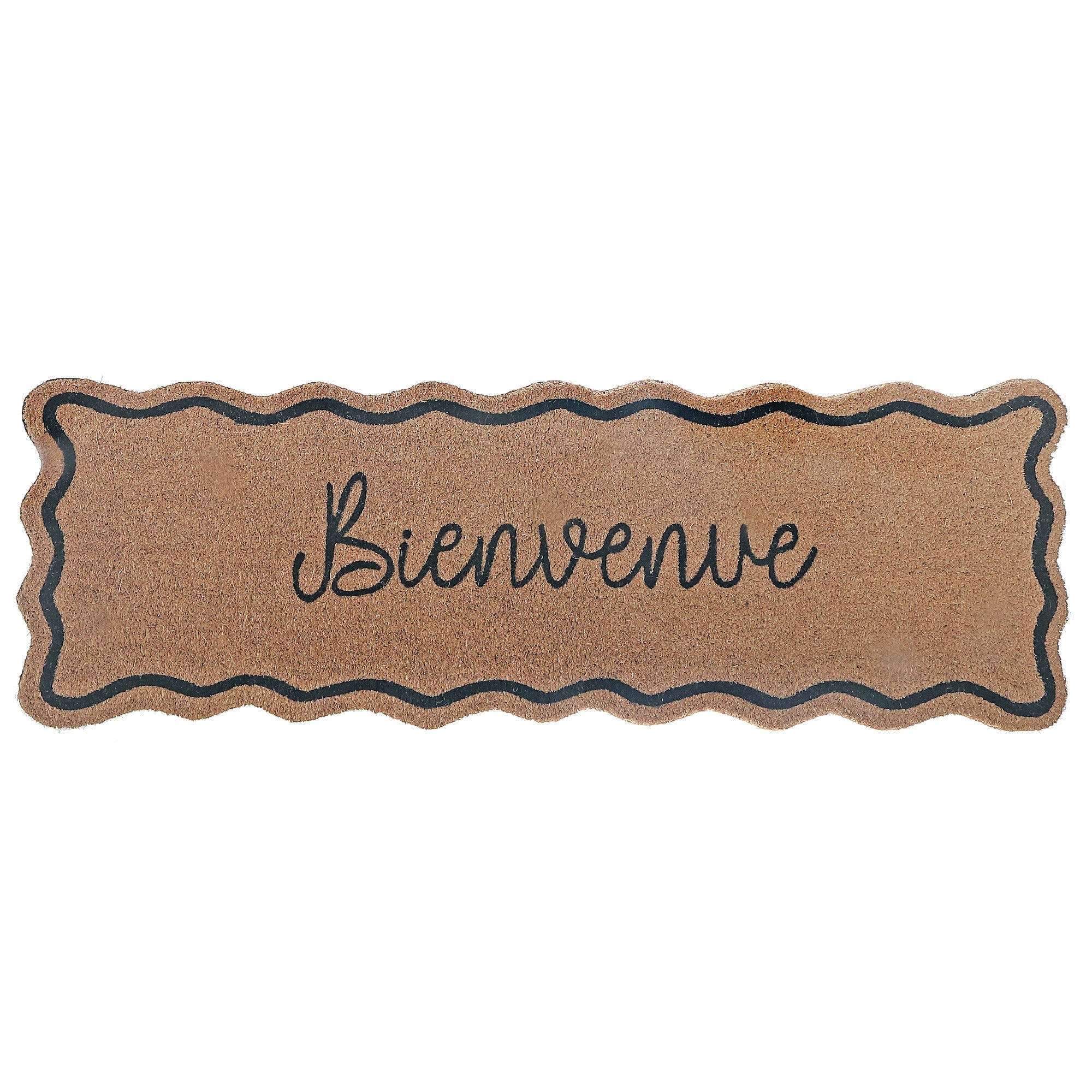 Scallop Shape Coir Door Mat Bienvenue 16 x 48, Natural Coconut Fiber Entryway Mat, Outdoor Welcome Rug