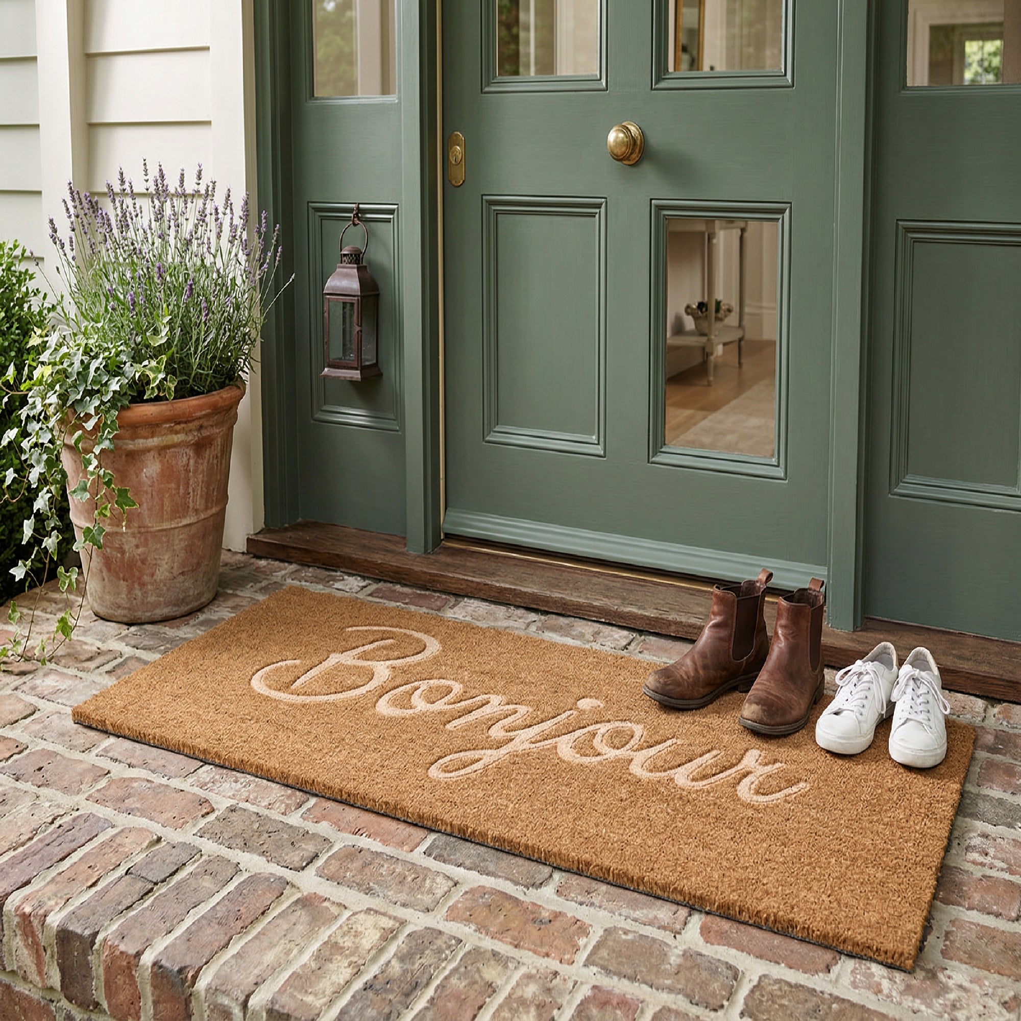 Embossed Coir Door Mat "Bonjour" 18" x 46"