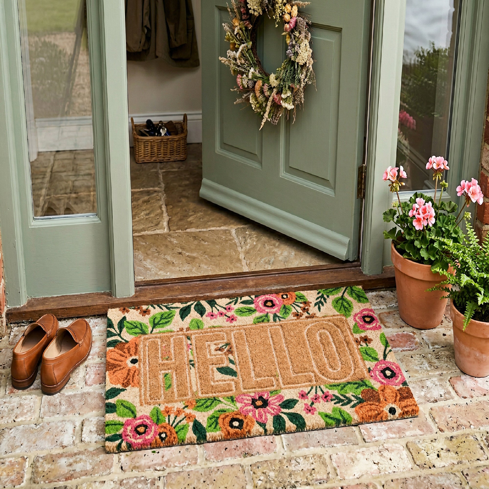 Embossed Coir Door Mat Floral "Hello"