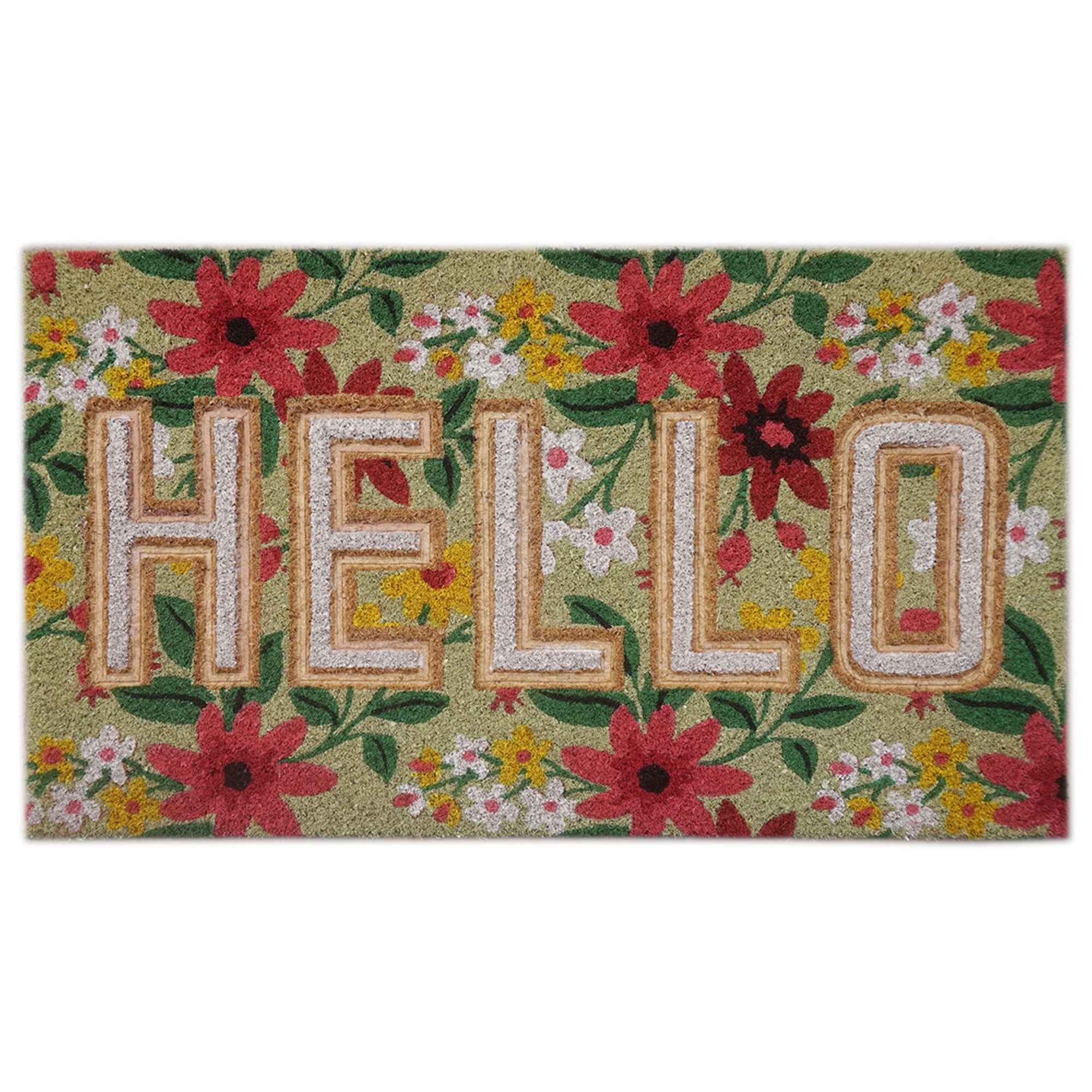 Embossed Coir Door Mat Floral "Hello"