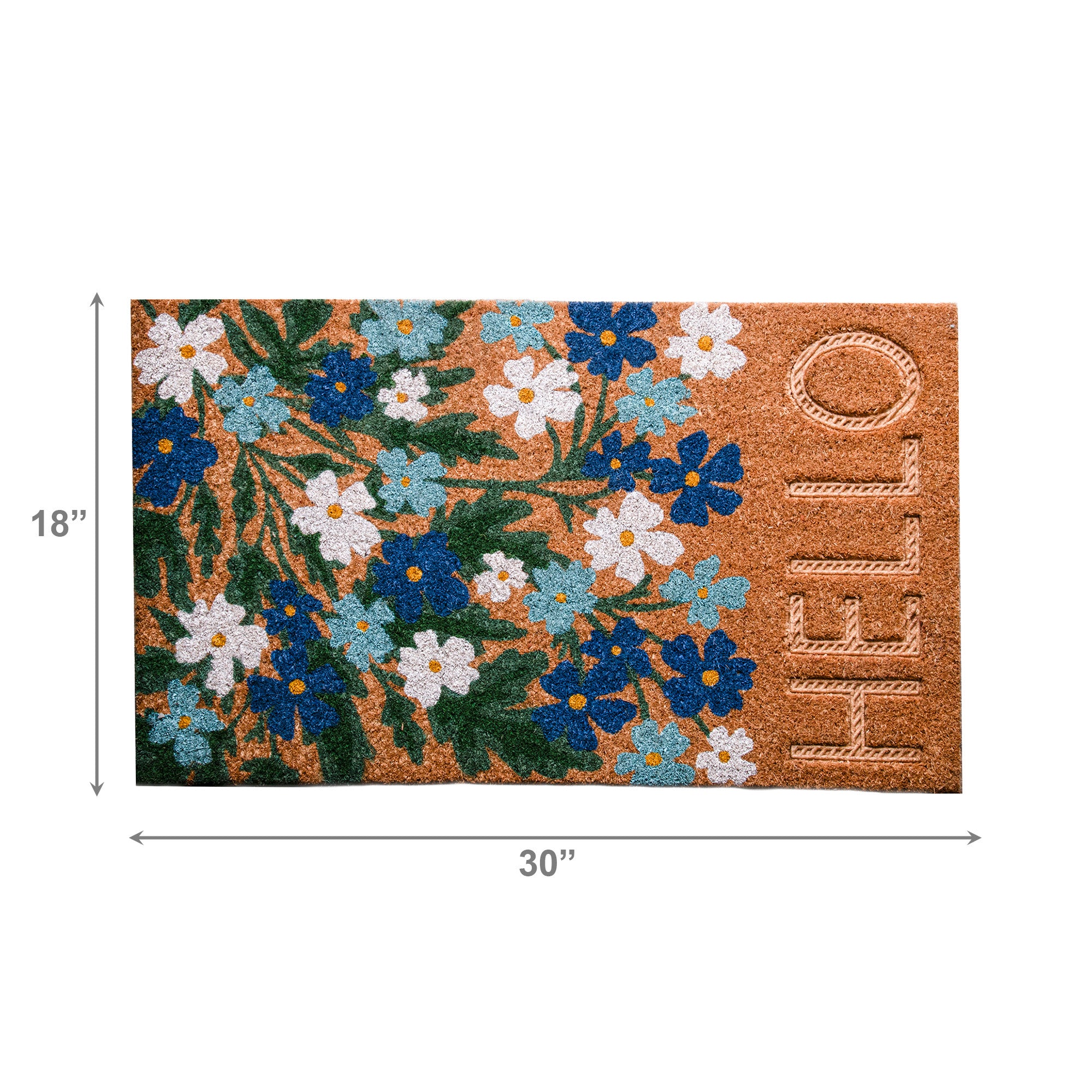 Embossed Coir Door Mat Blue & White Blooms "Hello"