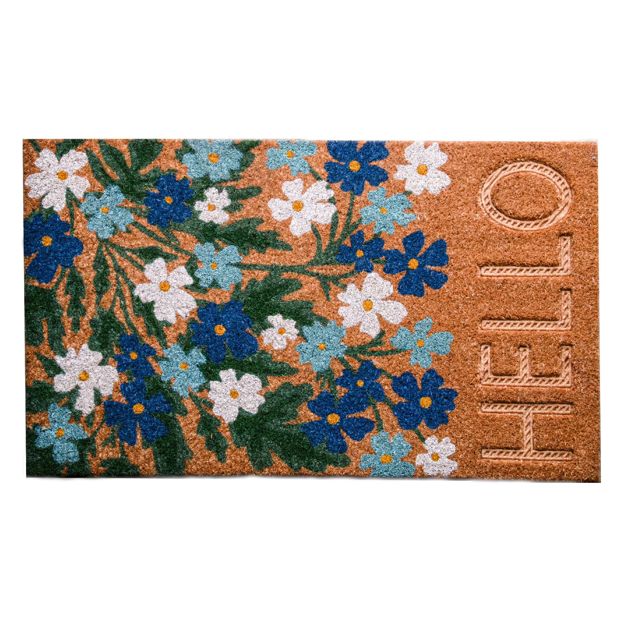 Embossed Coir Door Mat Blue & White Blooms "Hello"