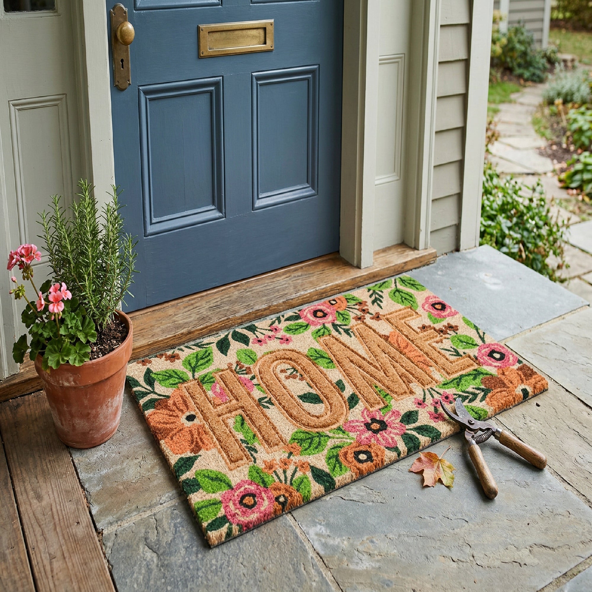 Embossed Coir Door Mat Floral "Home"
