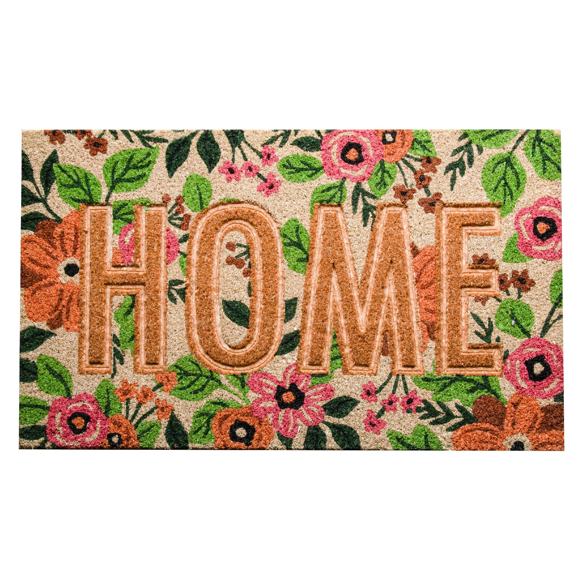 Embossed Coir Door Mat Floral "Home"