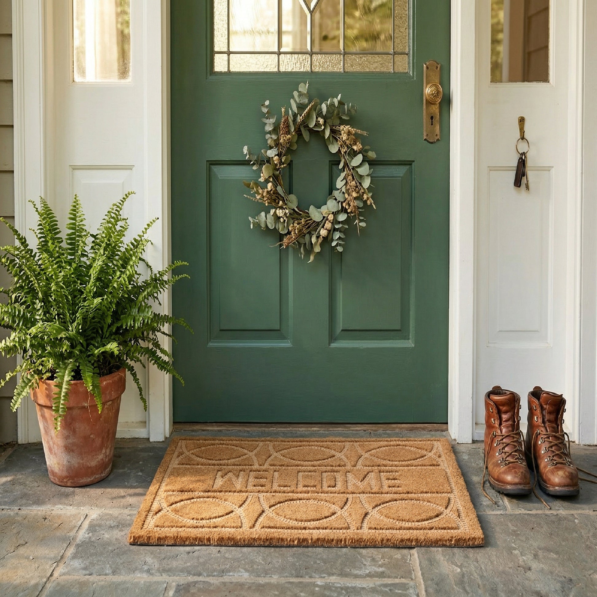 Embossed Coir Door Mat Geometric Pattern "Welcome"