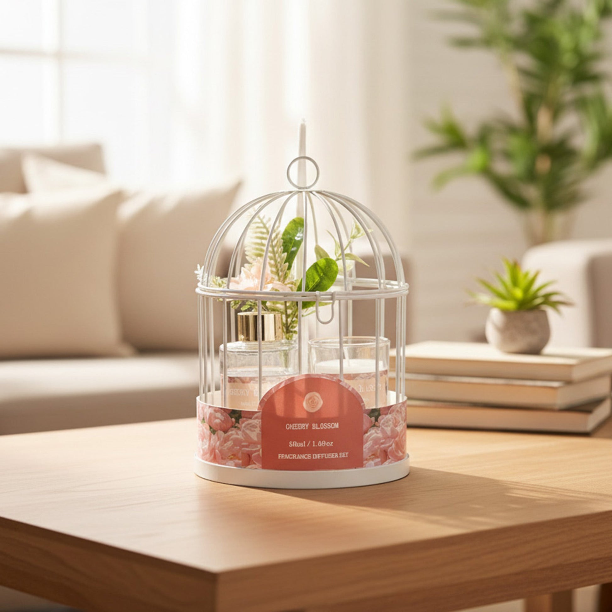 Cherry Blossom Candle & Diffuser Gift Set in Metal Birdcage