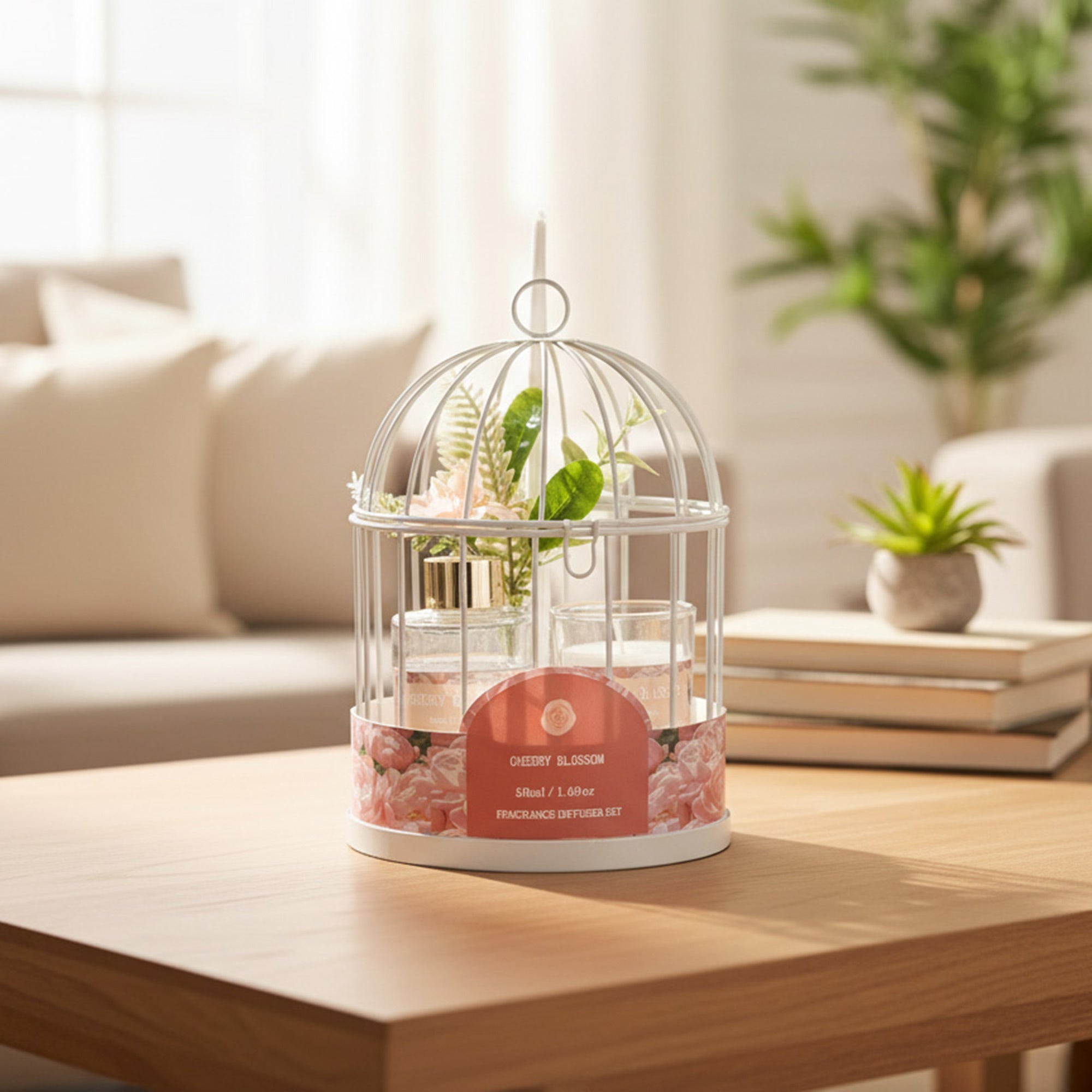 Cherry Blossom Candle & Diffuser Gift Set in Metal Birdcage