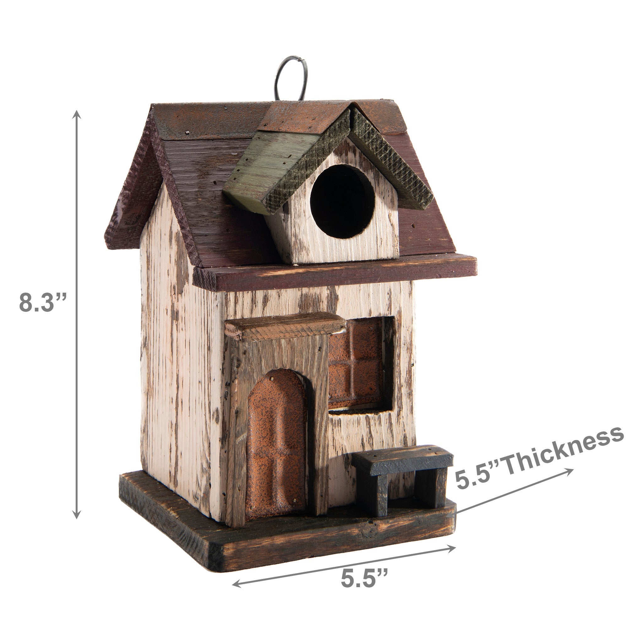 Rustic Wooden Birdhouse Featuring Bench Design