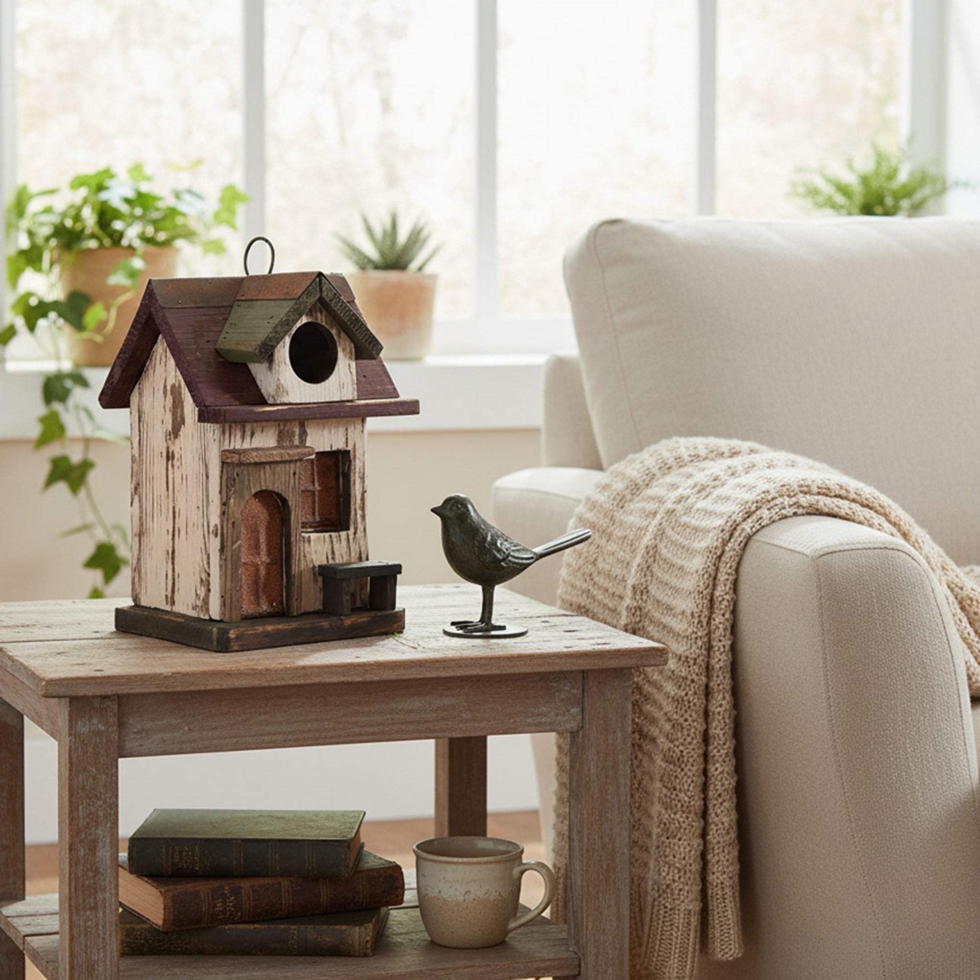 Rustic Wooden Birdhouse Featuring Bench Design