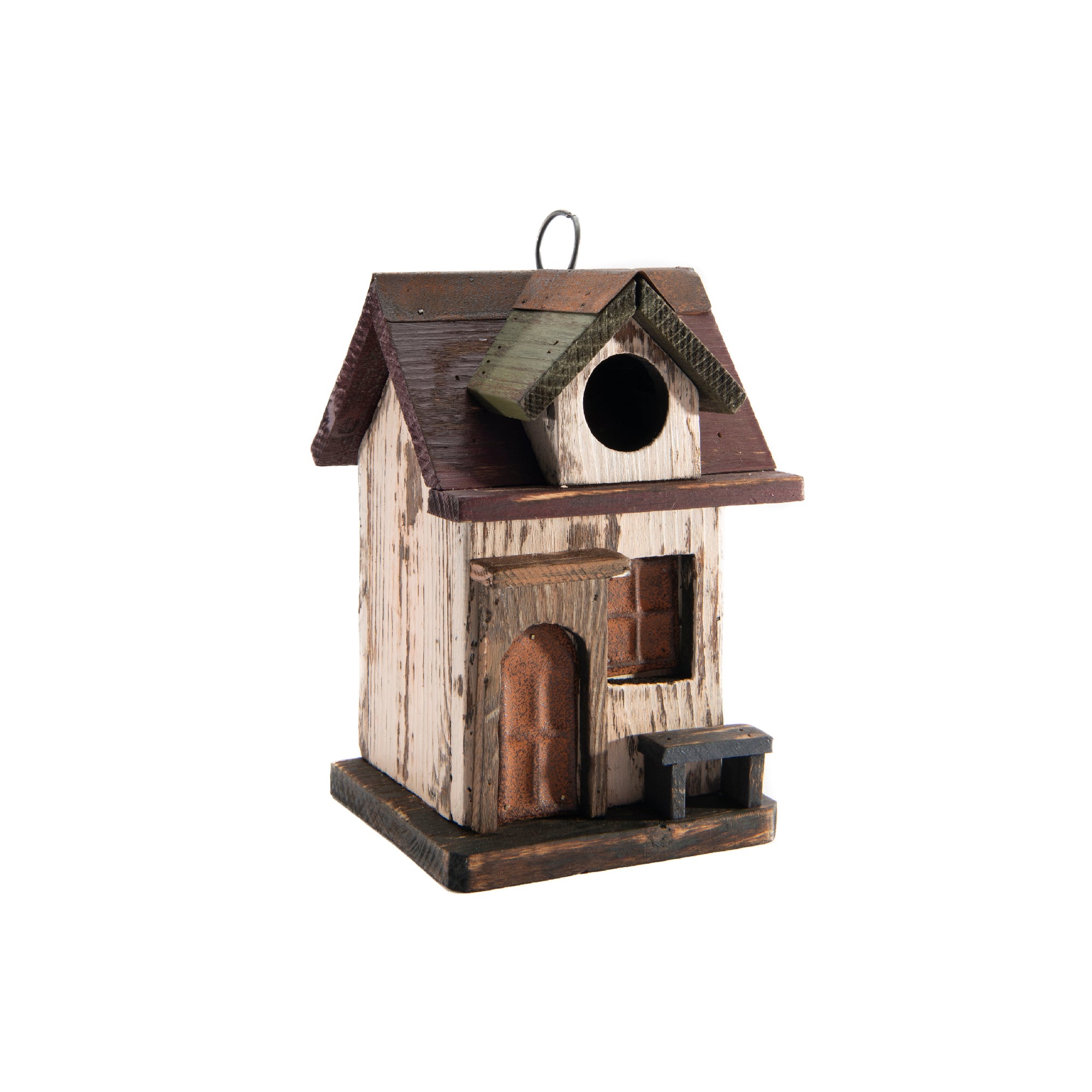 Rustic Wooden Birdhouse Featuring Bench Design
