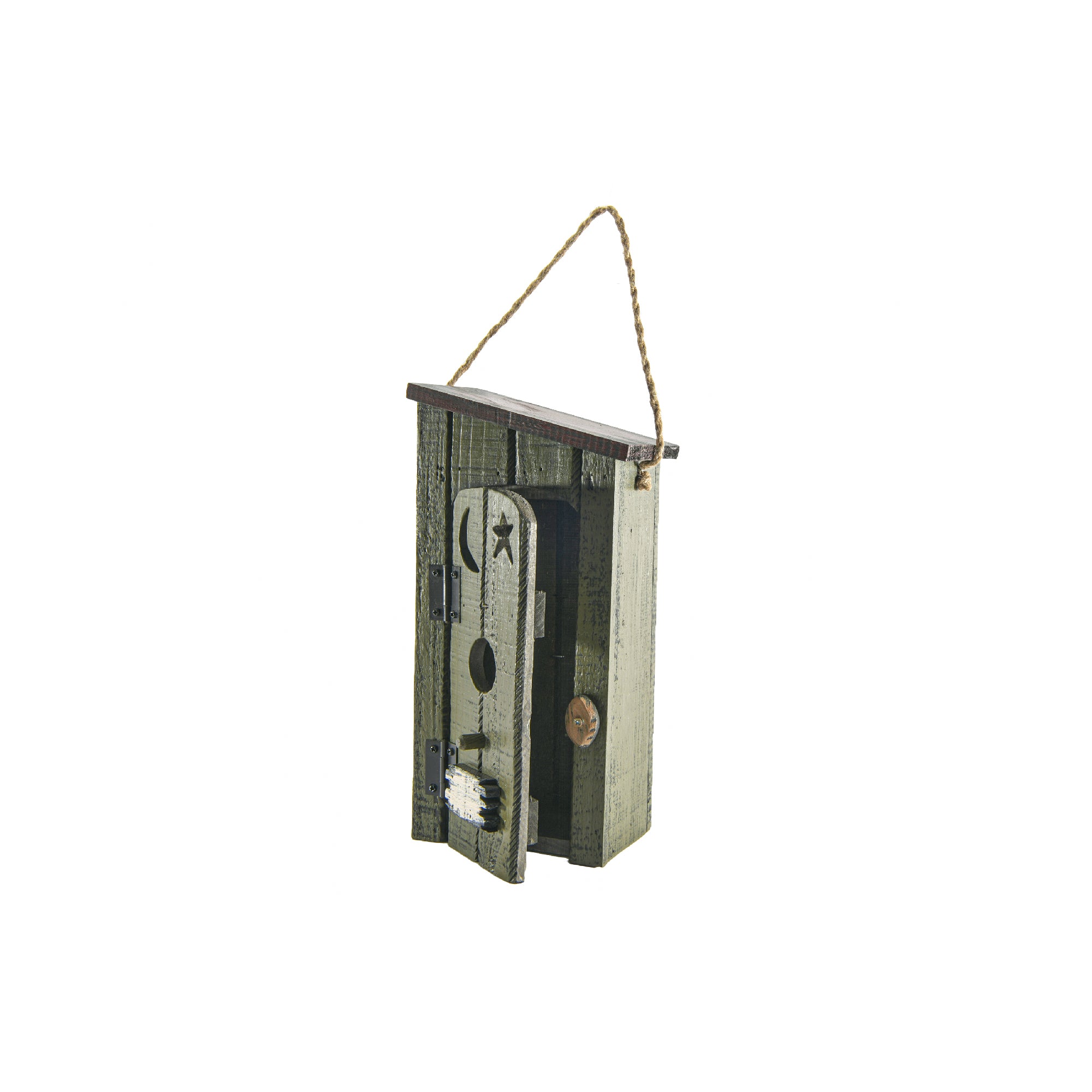 Green Painted Wooden Outhouse-Style Birdhouse