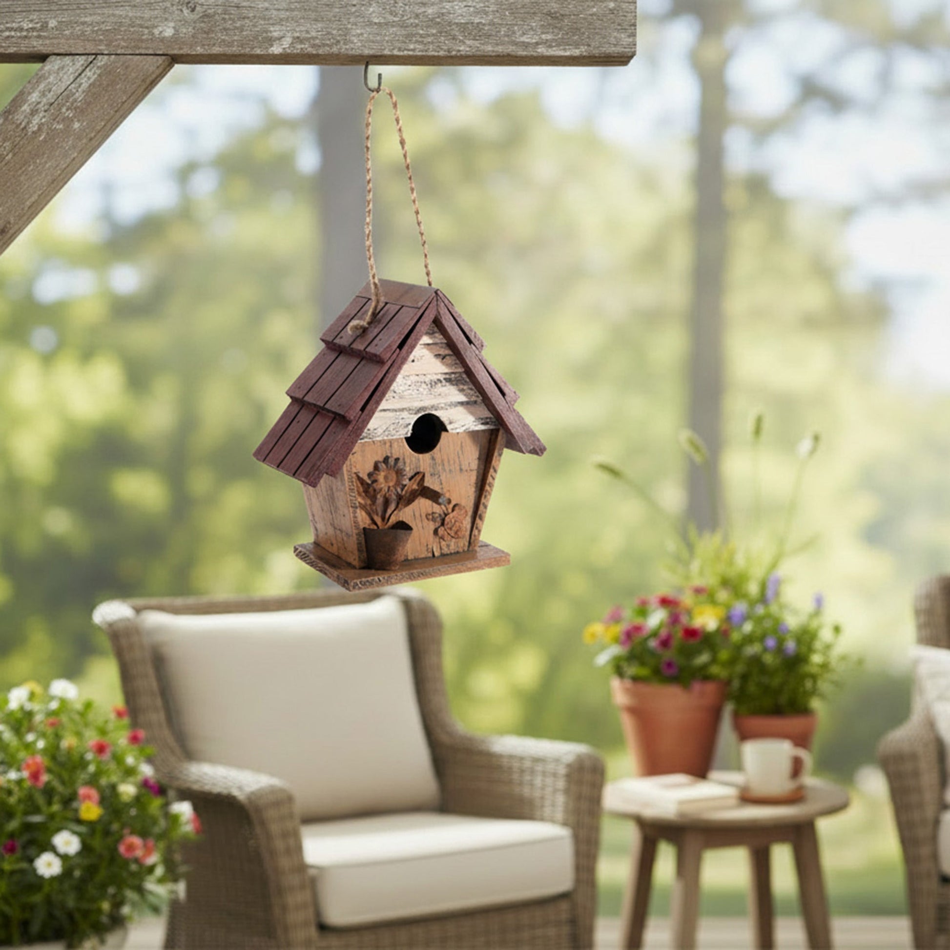 Traditional Wooden Birdhouse with Red Roof