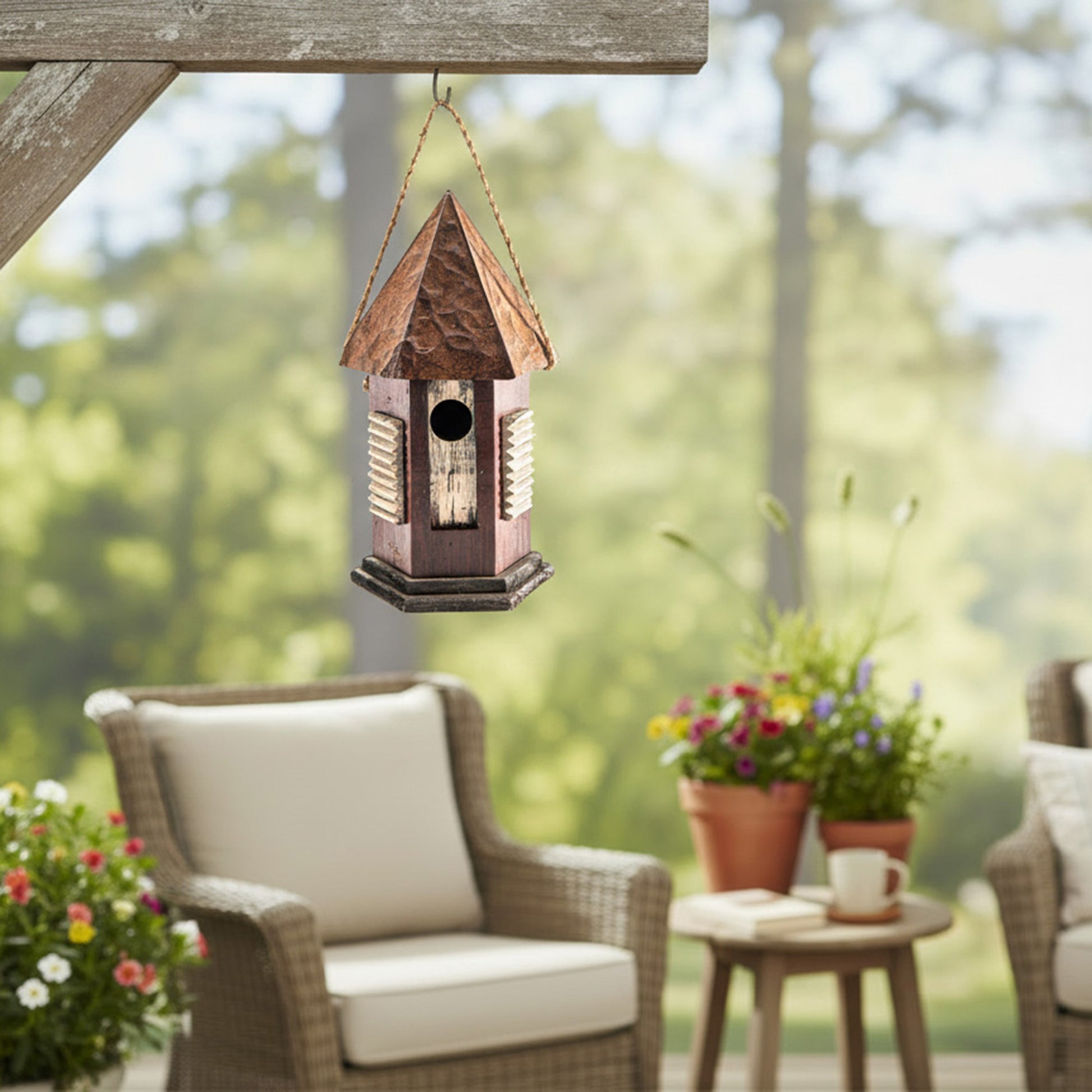 Wooden Birdhouse with Unique Hexagonal Roof