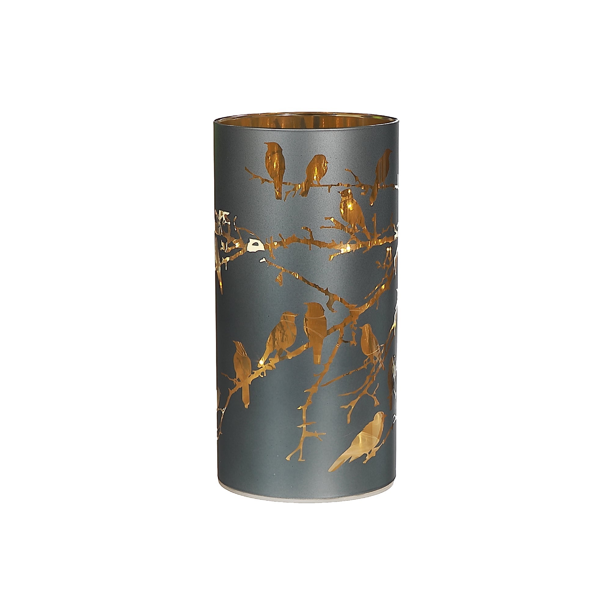 LED Cylinder Glass Stand with Bird Gun Metal – Modern Decorative Lighting, Table Accent