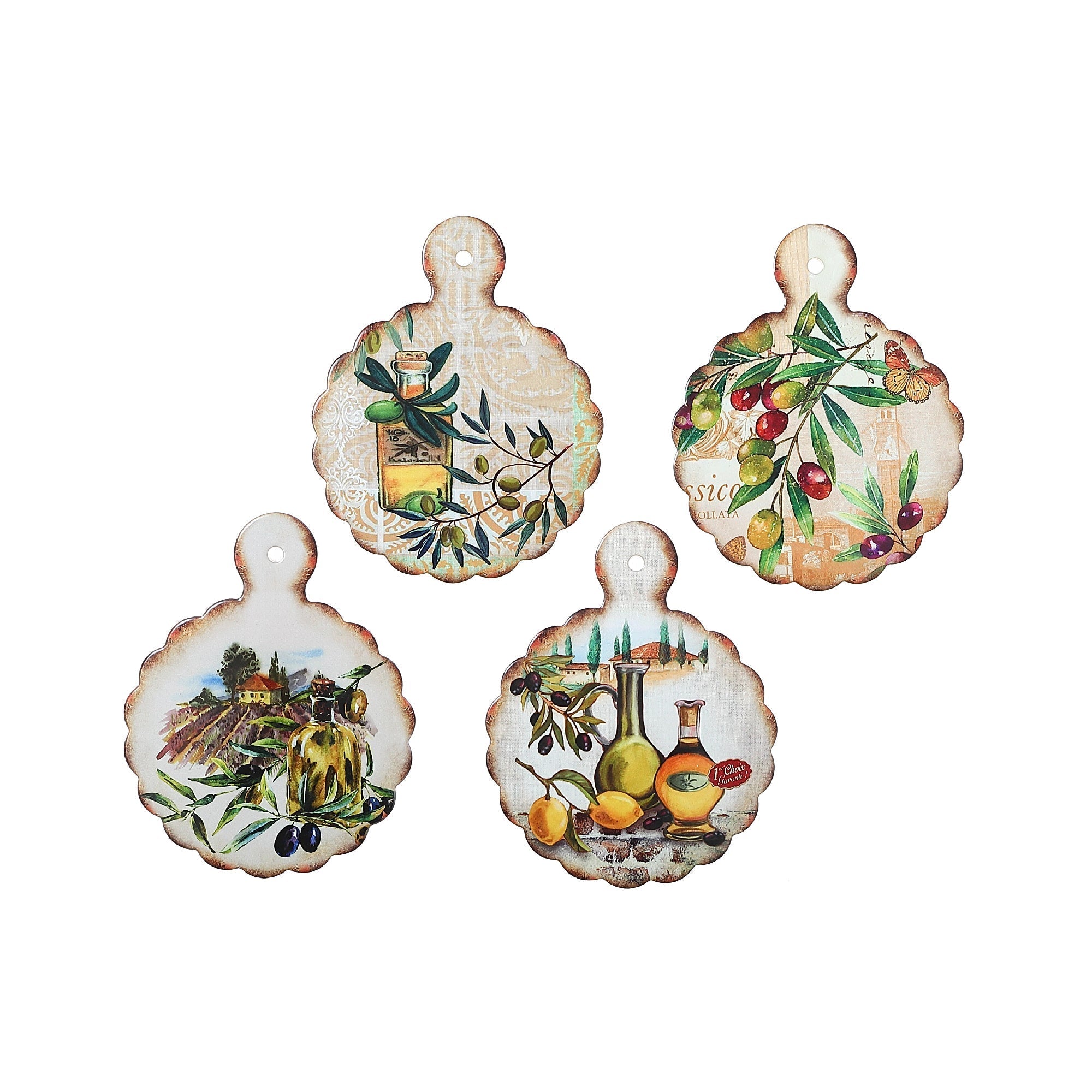Round Paddle Board Ceramic Trivet Olive Design Kitchen Hot Plate - Set of 4