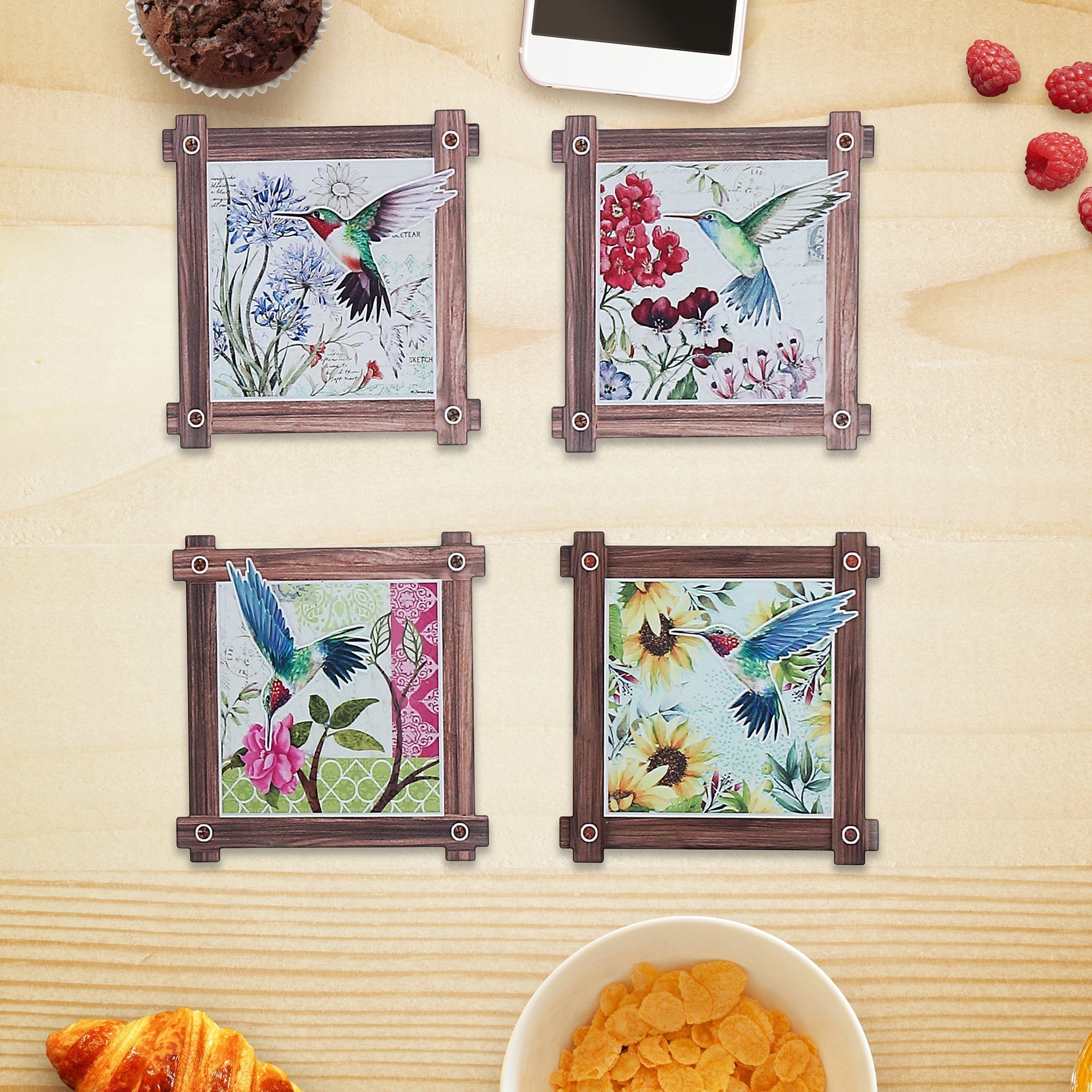 8" Square Ceramic Trivet Hummingbird Assorted - Set of 4 Decorative Heat Resistant Trivets