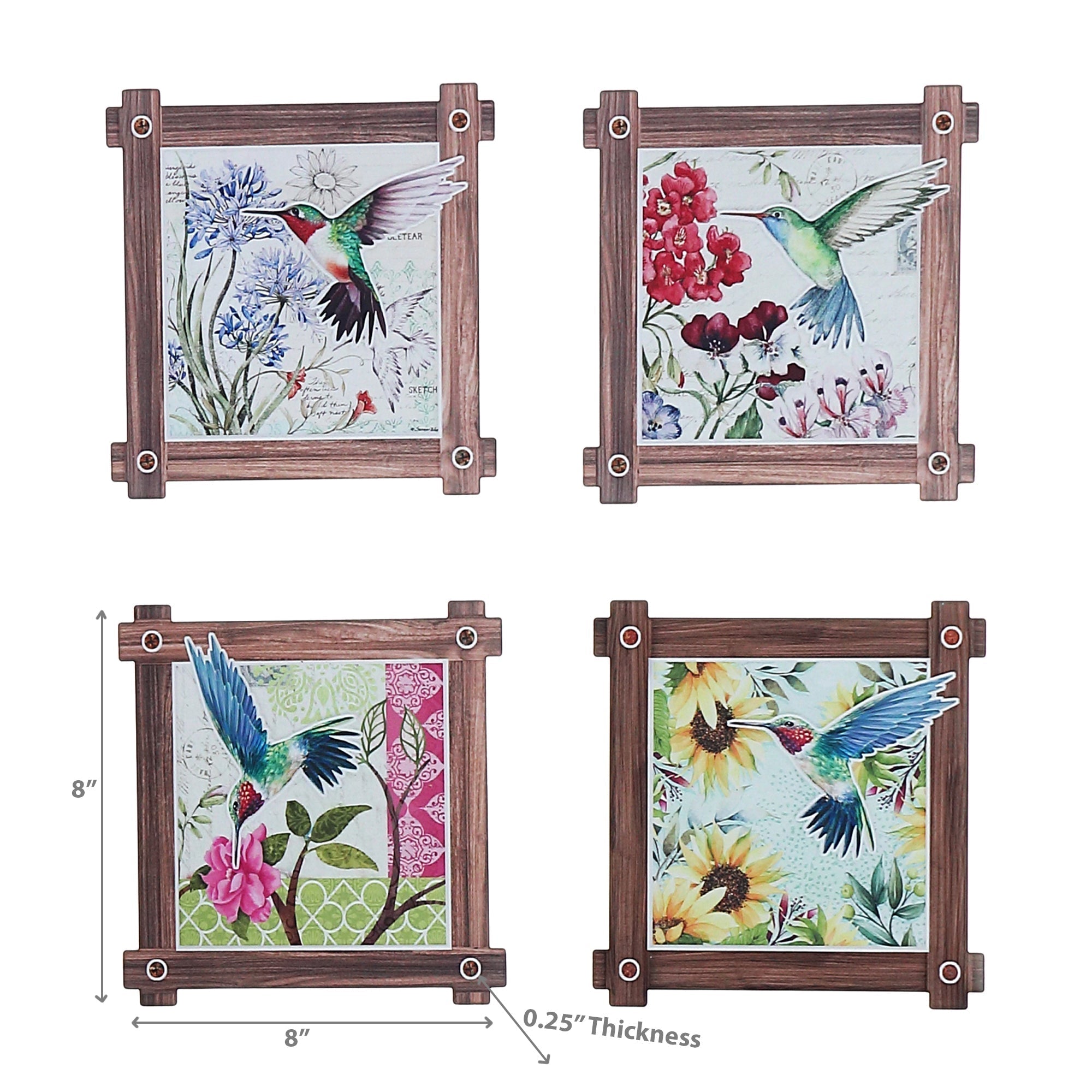 8" Square Ceramic Trivet Hummingbird Assorted - Set of 4 Decorative Heat Resistant Trivets