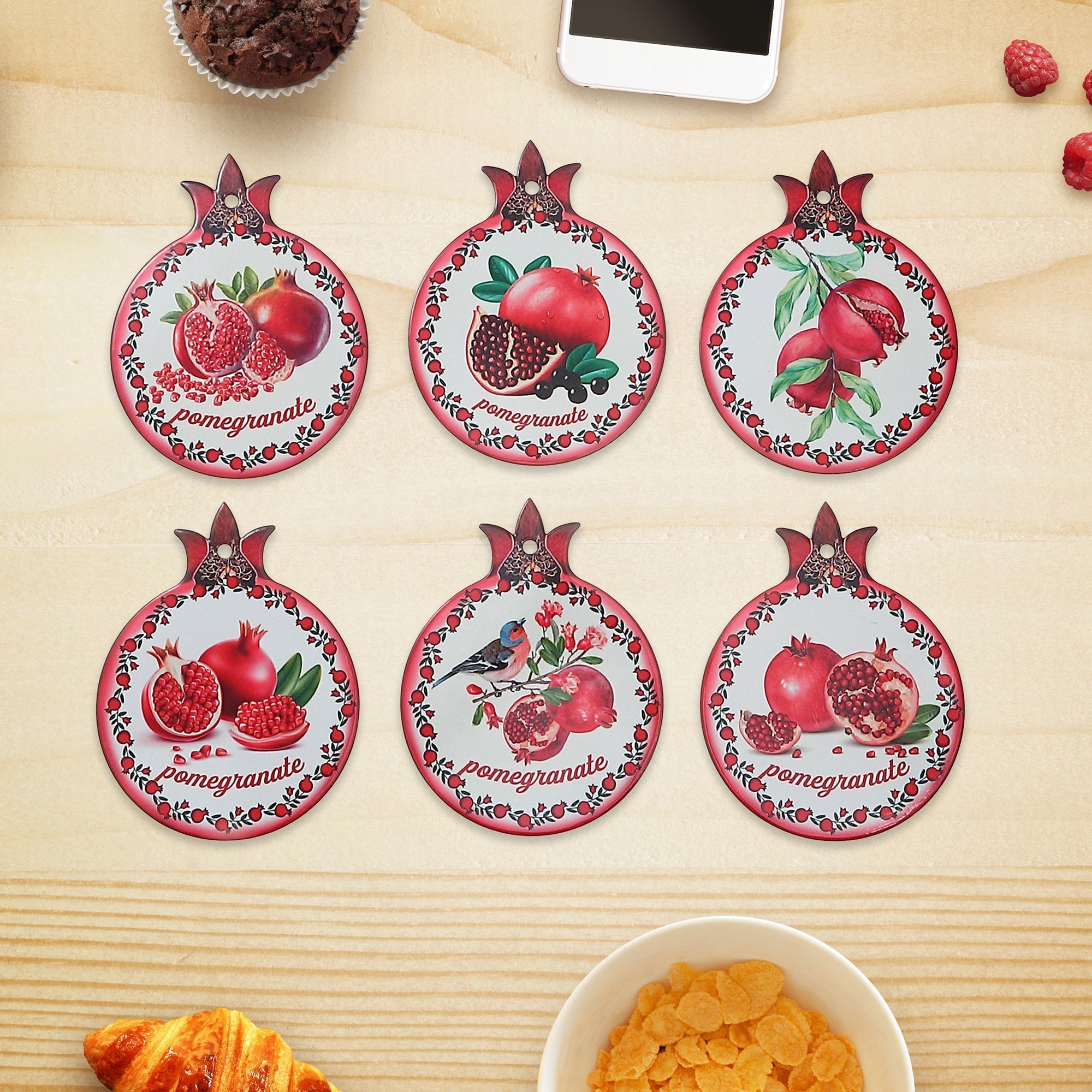 8" Ceramic Trivet Pomegranate Assorted - Set of 6 Decorative Heat Resistant Kitchen Trivets