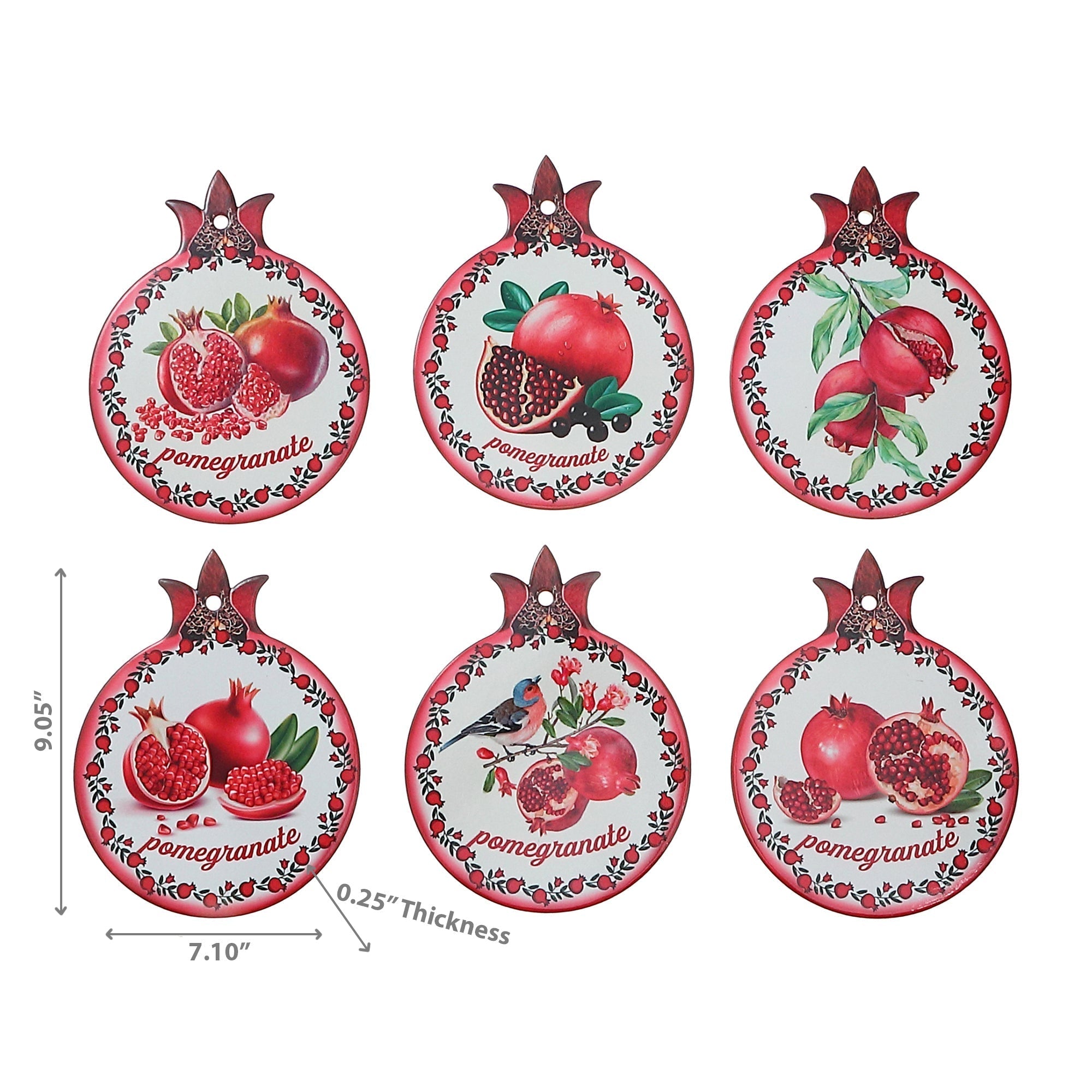 8" Ceramic Trivet Pomegranate Assorted - Set of 6 Decorative Heat Resistant Kitchen Trivets