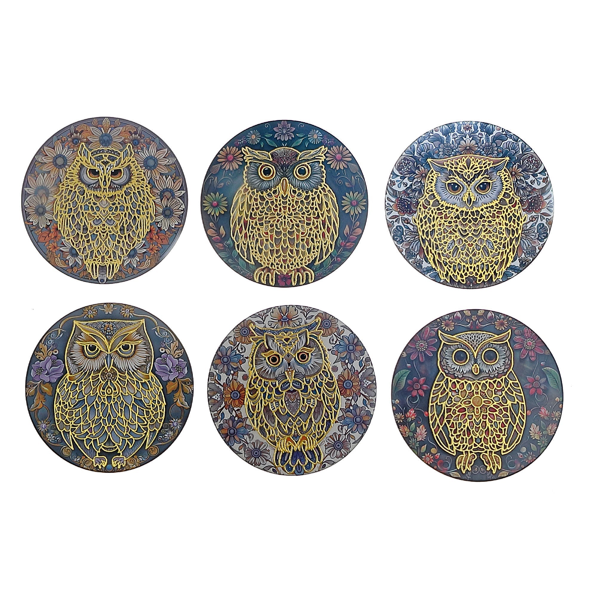 8" Round Ceramic Trivet Owl With Gold Assorted Set Of 6, Owl Ceramic Trivet With Gold Detail 8 Inch, Round Heat Resistant Mat