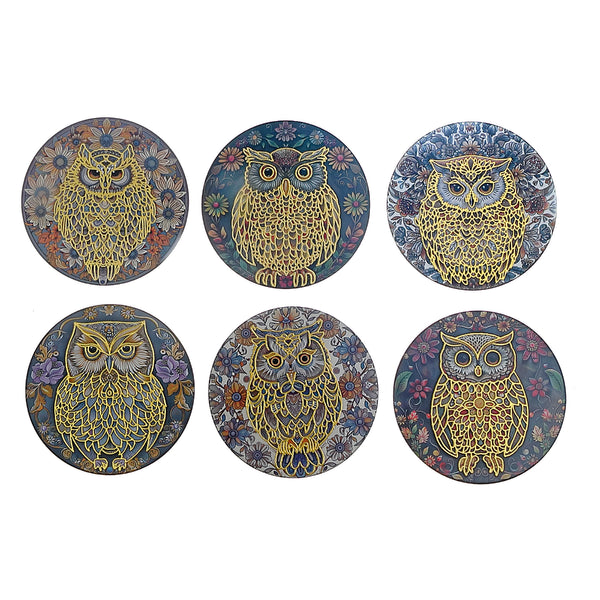8" Round Ceramic Trivet Owl With Gold Assorted - Set of 6