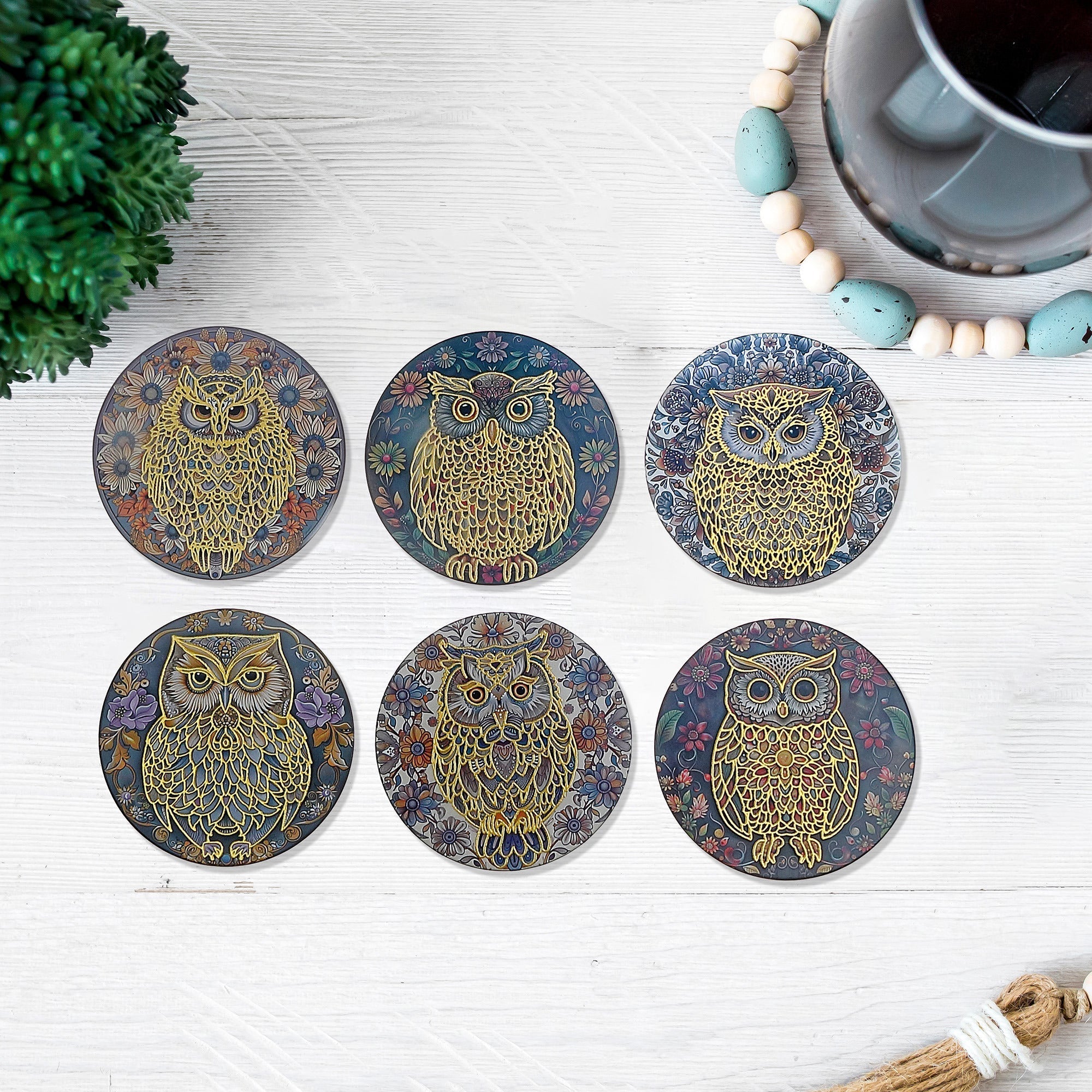 8" Round Ceramic Trivet Owl With Gold Assorted Set Of 6, Owl Ceramic Trivet With Gold Detail 8 Inch, Round Heat Resistant Mat