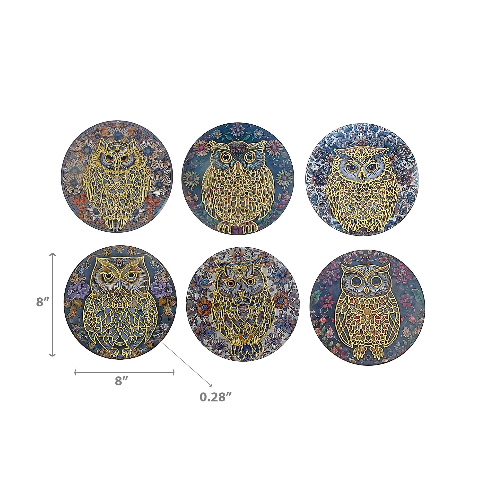 8" Round Ceramic Trivet Owl With Gold Assorted Set Of 6, Owl Ceramic Trivet With Gold Detail 8 Inch, Round Heat Resistant Mat