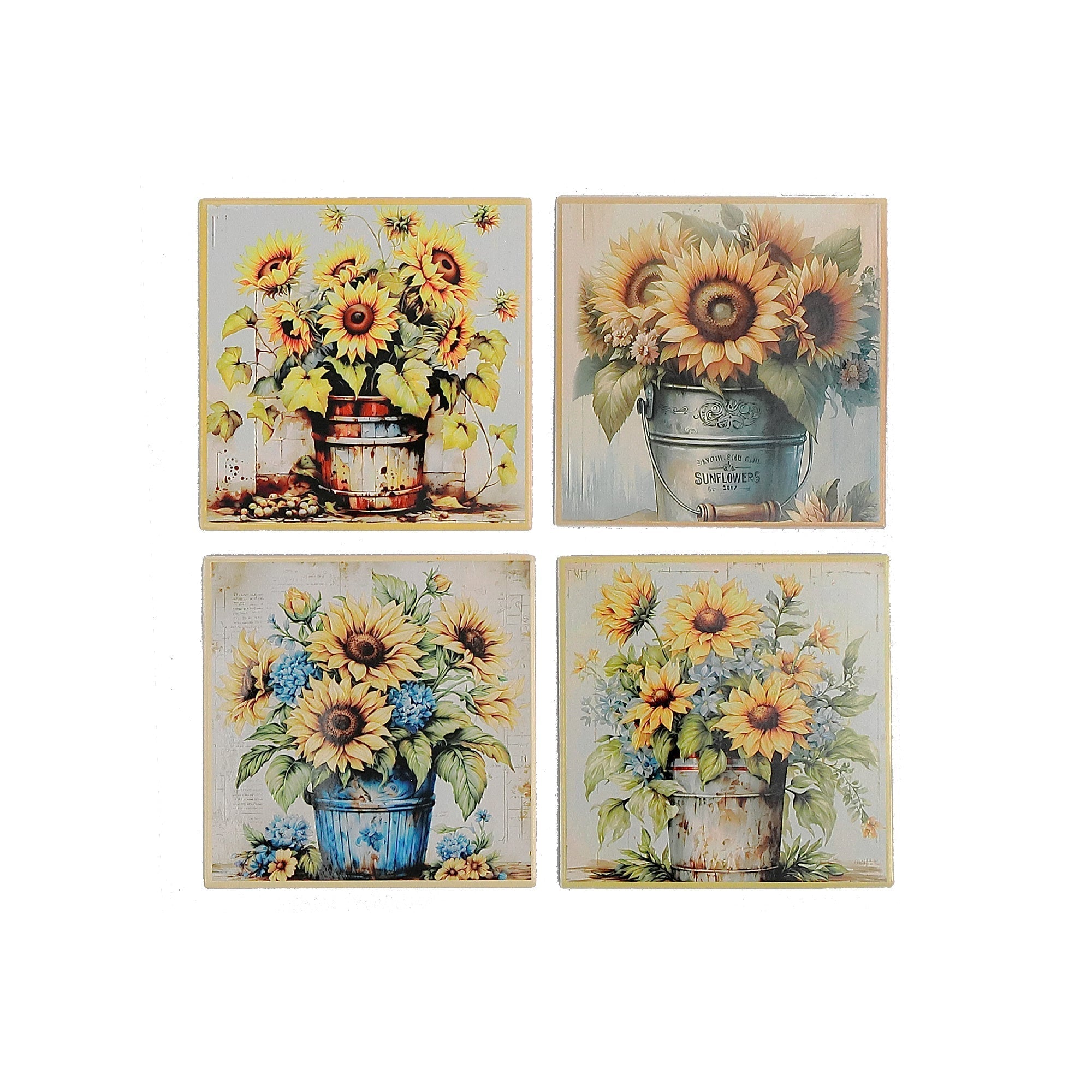 8" Square Ceramic Trivet Country Sunflower Assorted Set Of 4, Sunflower Ceramic Trivet 8 Inch Square, Heat Resistant Kitchen Accessory
