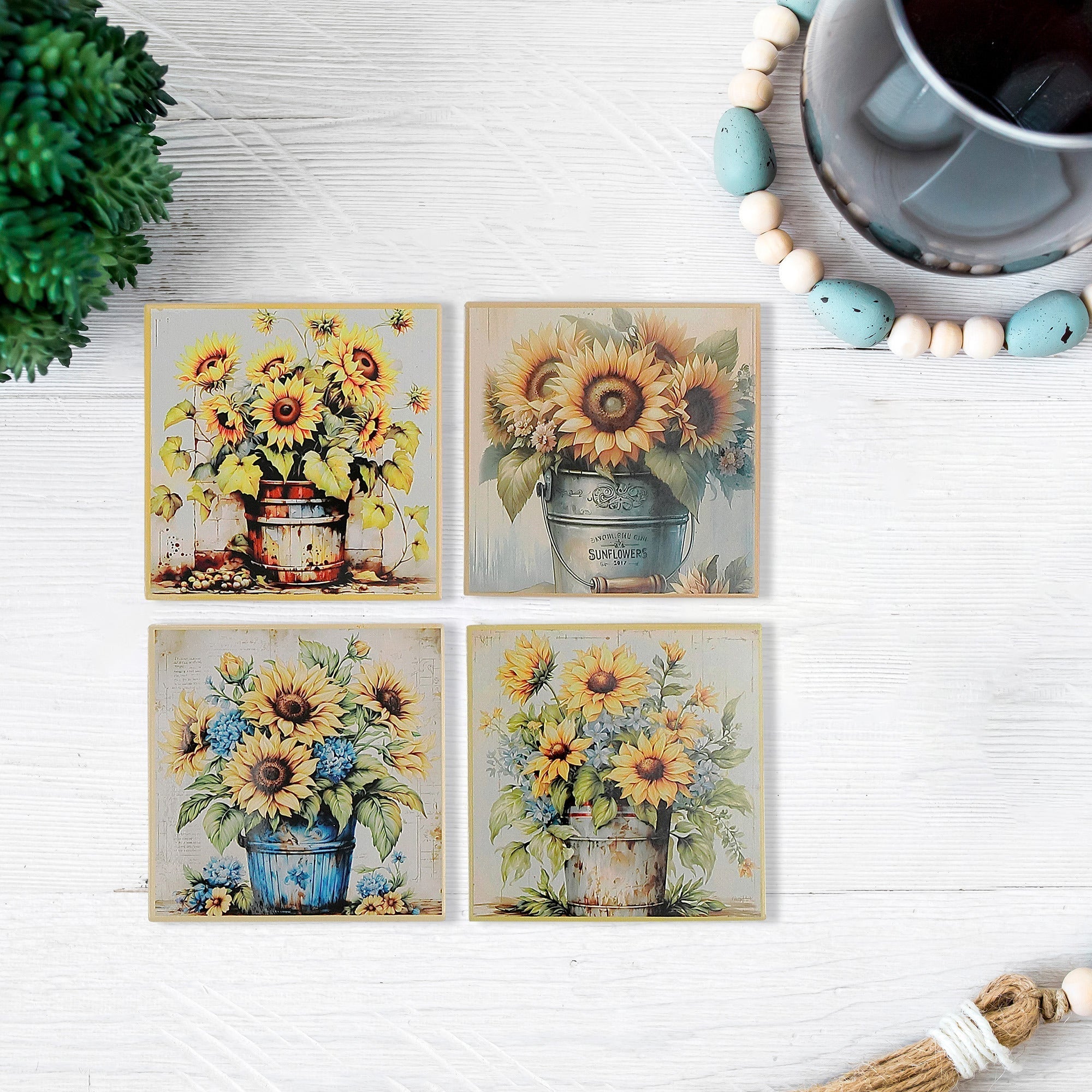 8" Square Ceramic Trivet Country Sunflower Assorted Set Of 4, Sunflower Ceramic Trivet 8 Inch Square, Heat Resistant Kitchen Accessory