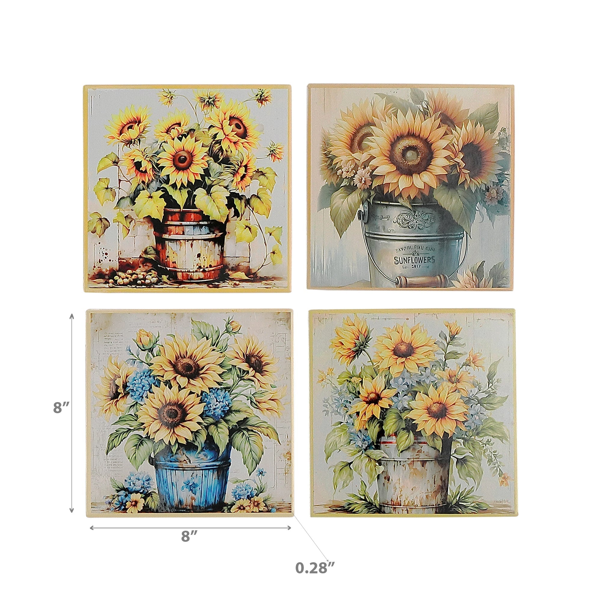 8" Square Ceramic Trivet Country Sunflower Assorted Set Of 4, Sunflower Ceramic Trivet 8 Inch Square, Heat Resistant Kitchen Accessory