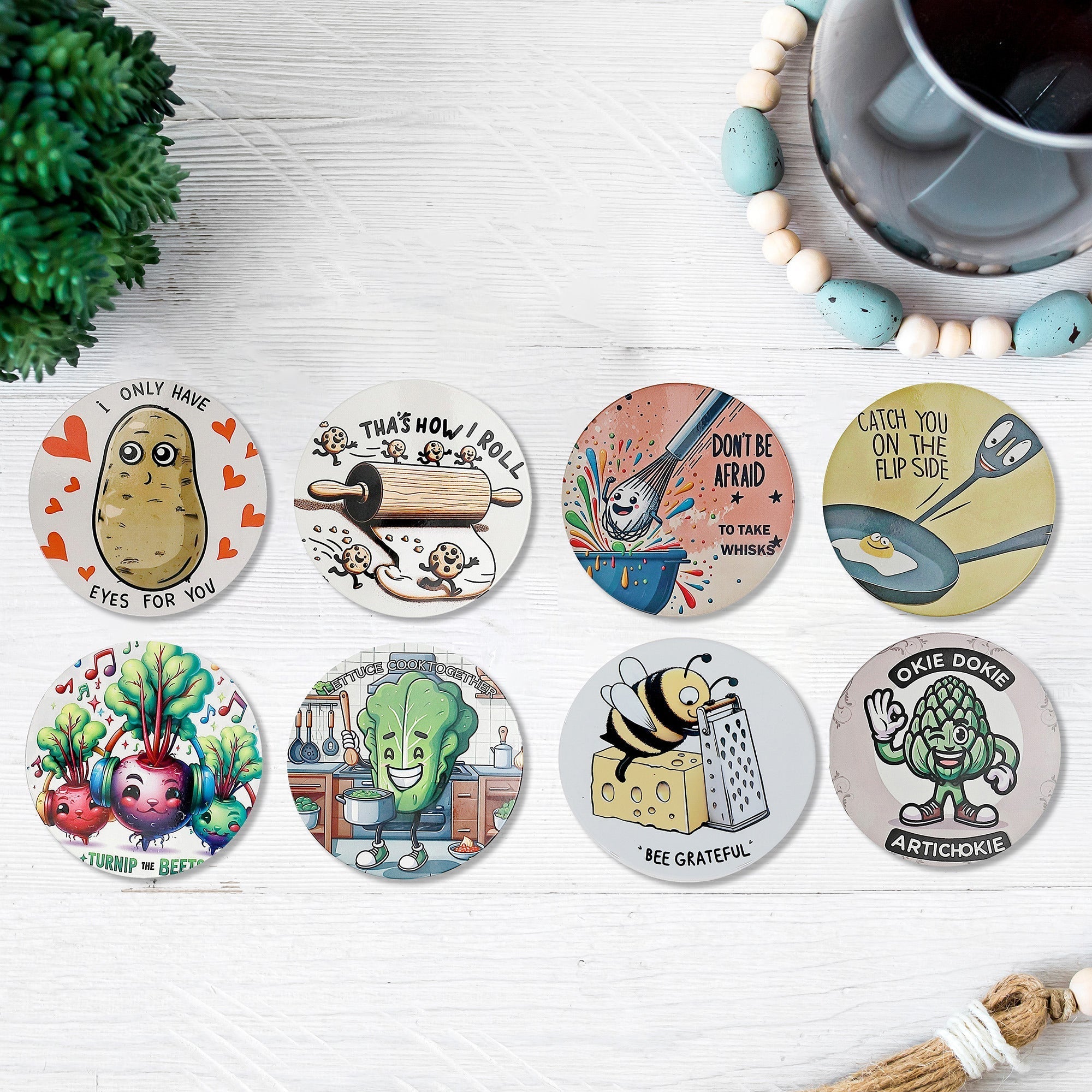 8" Round Ceramic Trivet Funny Sayings Assorted Set Of 6, Funny Sayings Ceramic Trivet 8 Inch, Round Hot Plate Stand, Countertop Protector