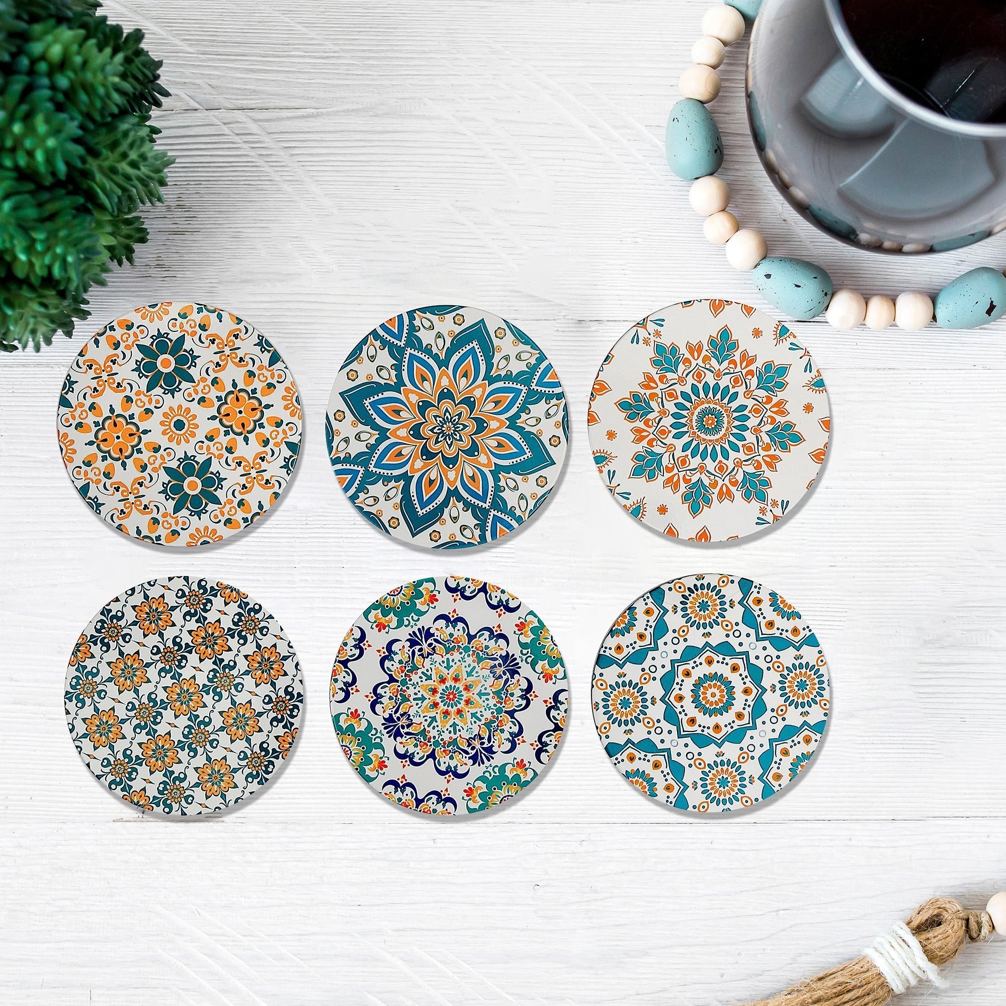 8" Round Ceramic Trivet Mosaic Assorted Set Of 6, Mosaic Ceramic Trivet 8 Inch, Round Heat Resistant Pot Holder, Kitchen Table Protector