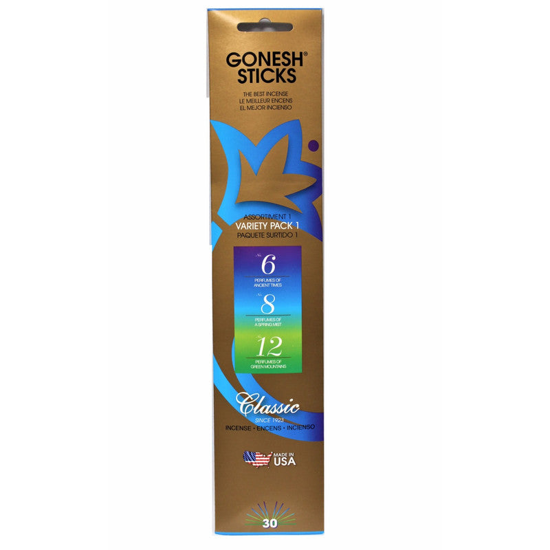 Gonesh Classic Incense Stick Variety Pack – Ancient Times, Spring Mist, Green Mountains, Set of 8