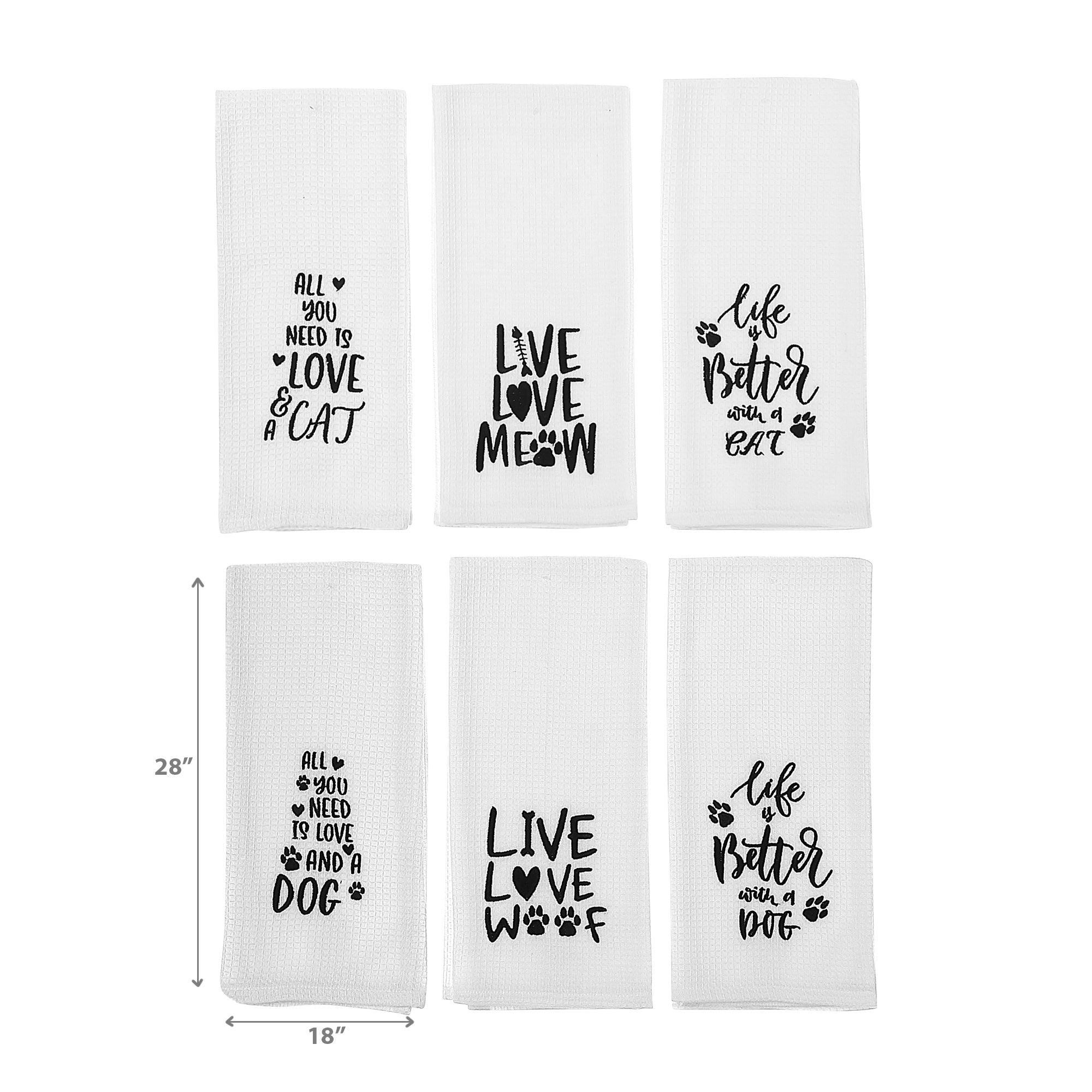 Embroidered White Waffle Kitchen Towel Pet Lovers Assorted Set Of 6, Cotton Dish Towel, Kitchen Decor